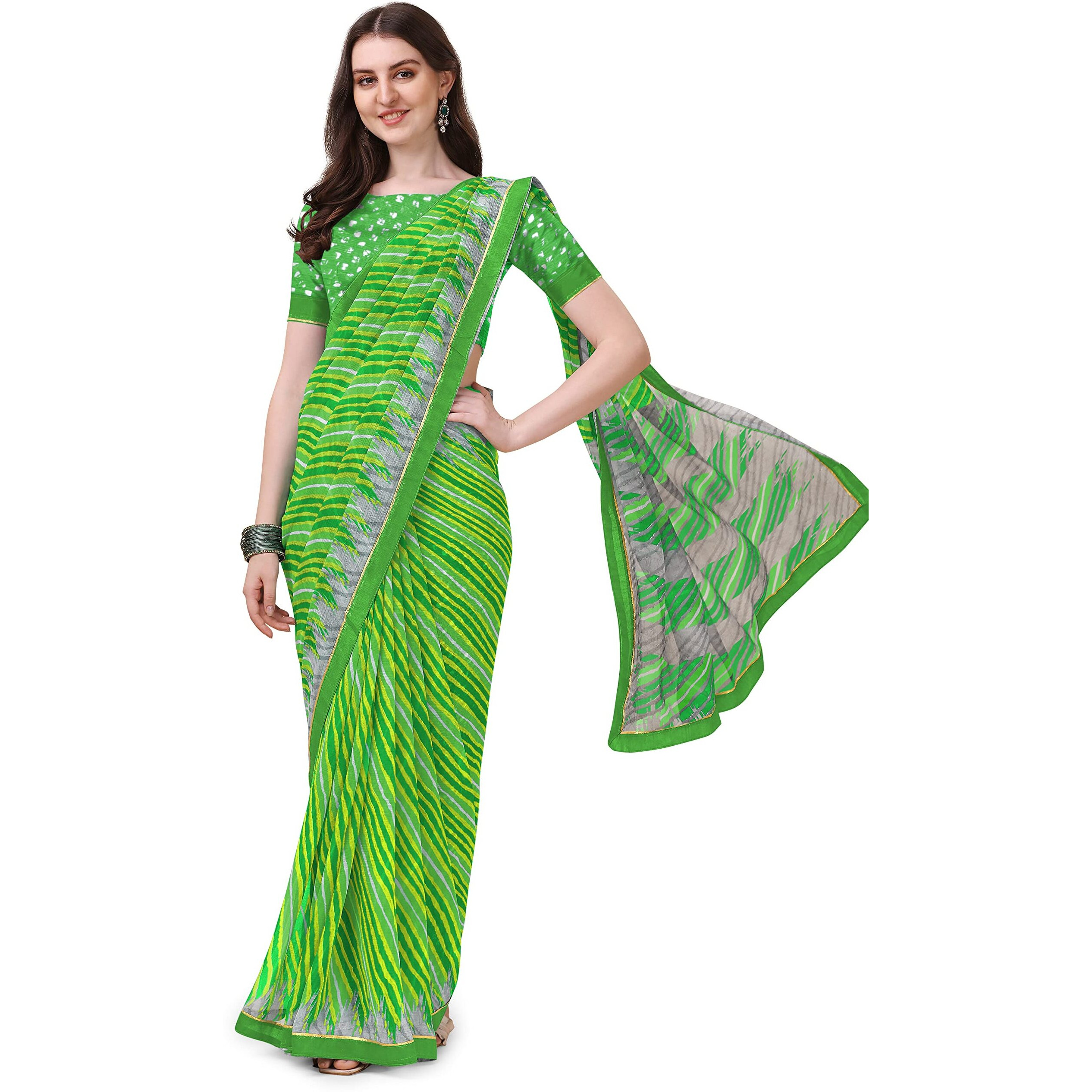 Amazon Brand - Anarva Womens Chiffon Bandhani Lehariya Saree With Blouse Piece (pavitraa-parrot-green-03-an)