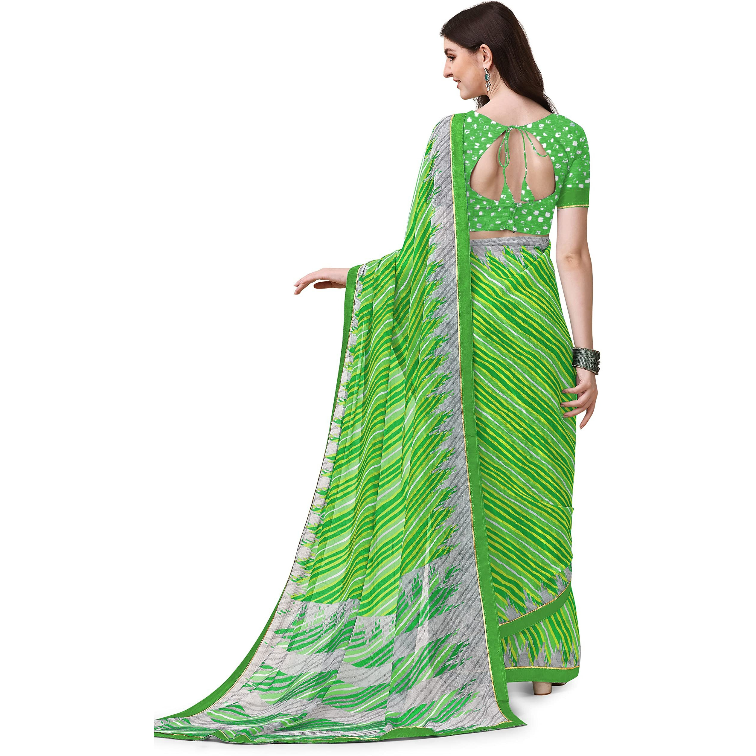 Amazon Brand - Anarva Womens Chiffon Bandhani Lehariya Saree With Blouse Piece (pavitraa-parrot-green-03-an)