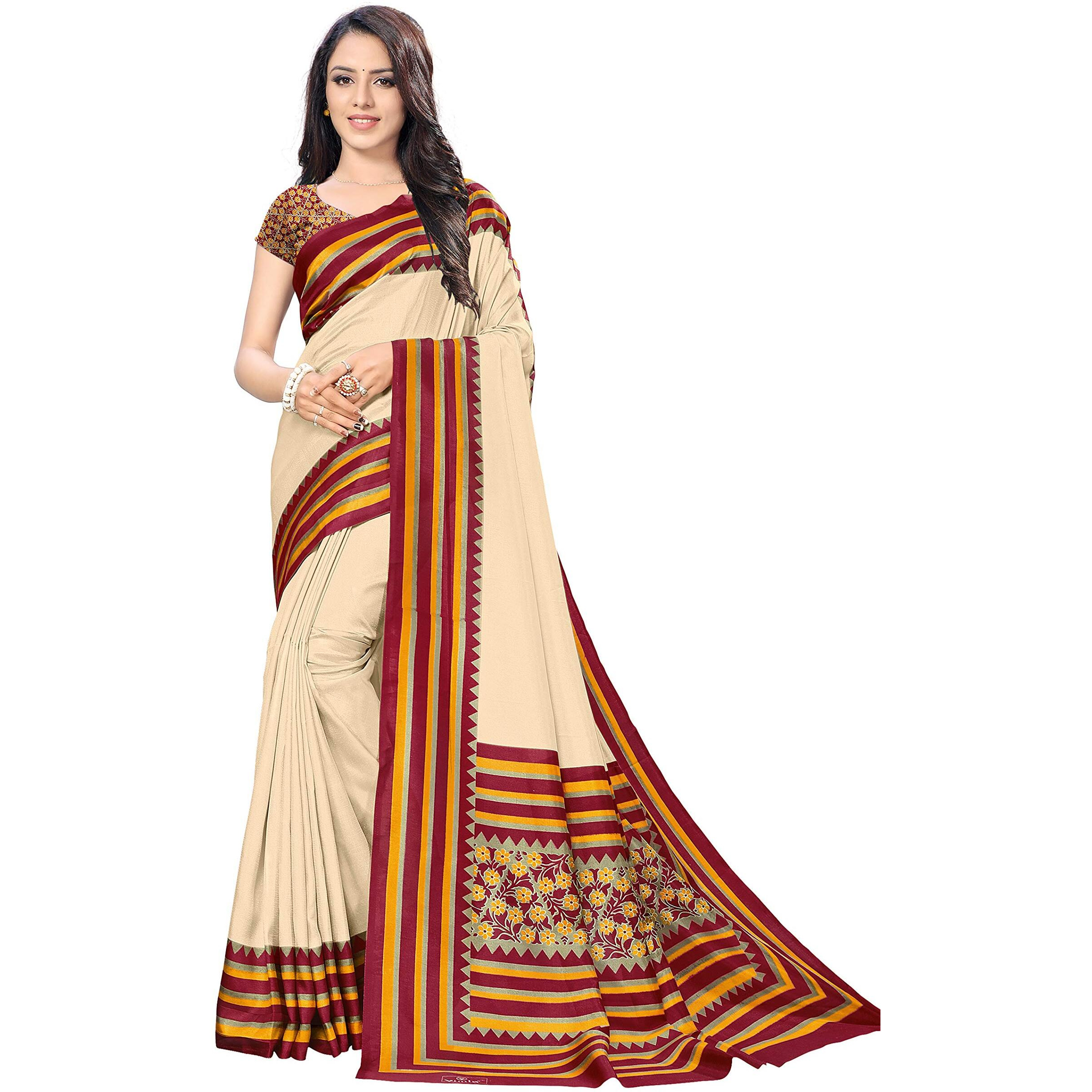 Vimla Womens Malgudi Mysore Art Silk Uniform Saree with Blouse Piece (22290022, Ivory, Cream)