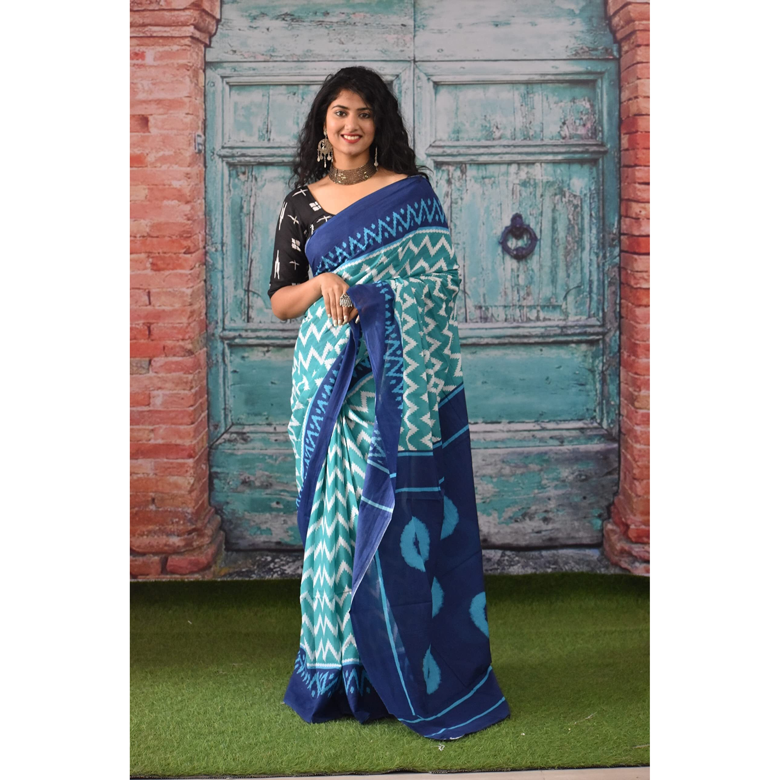 JALTHER Handicrafts Womens Ikat Hand Block Print Jaipuri Cotton Mulmul Saree with Blouse Piece - Blue_31