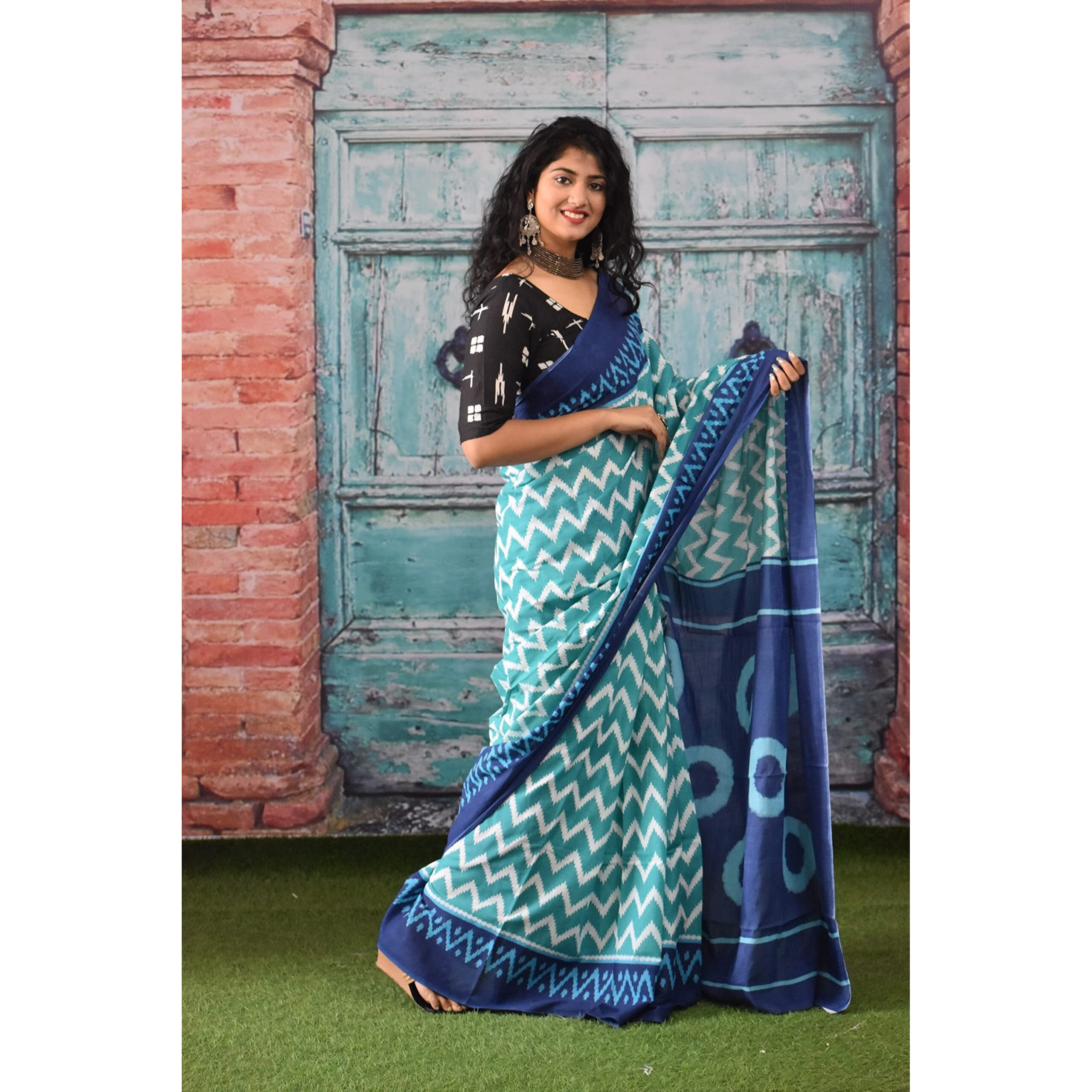 JALTHER Handicrafts Womens Ikat Hand Block Print Jaipuri Cotton Mulmul Saree with Blouse Piece - Blue_31