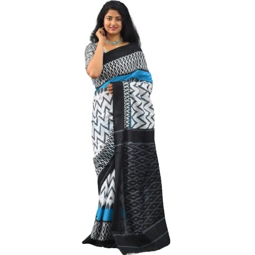 JALTHER Handicrafts Womens Ikat Hand Block Print Jaipuri Cotton Mulmul Saree with Blouse Piece - White_1111