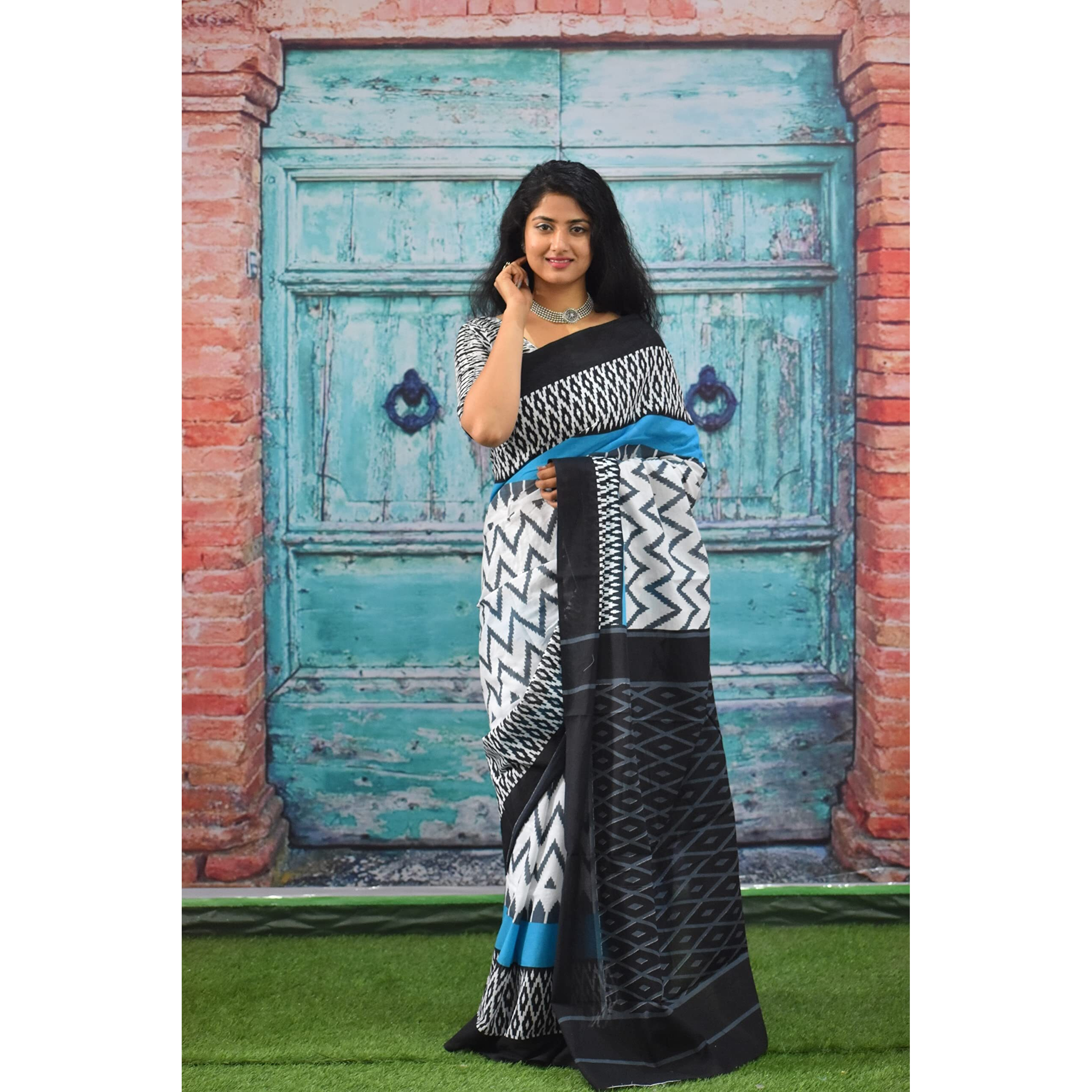 JALTHER Handicrafts Womens Ikat Hand Block Print Jaipuri Cotton Mulmul Saree with Blouse Piece - White_1111