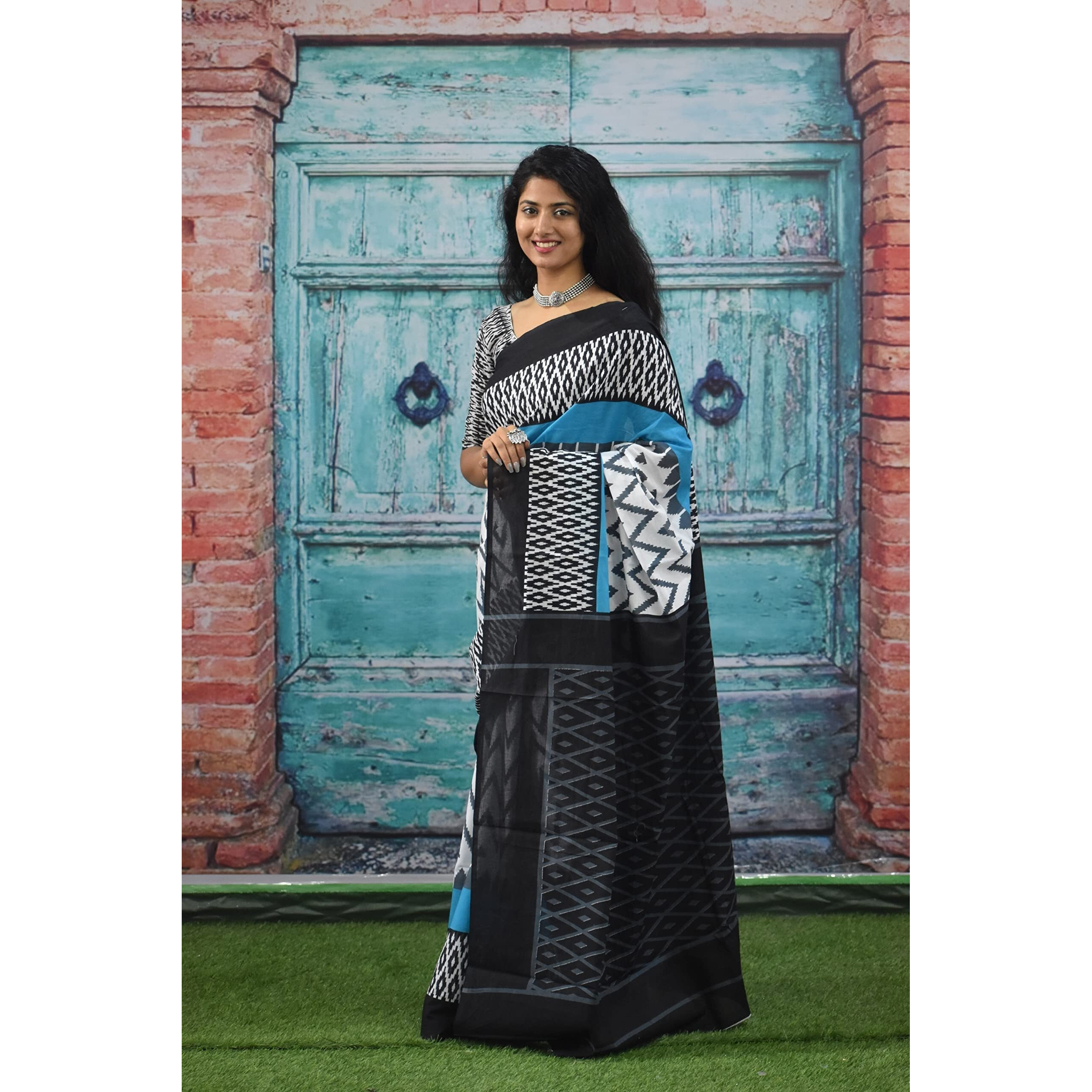 JALTHER Handicrafts Womens Ikat Hand Block Print Jaipuri Cotton Mulmul Saree with Blouse Piece - White_1111