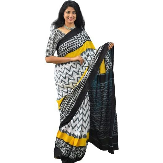 JALTHER Handicrafts Womens Ikat Hand Block Print Jaipuri Cotton Mulmul Saree with Blouse Piece - Yellow_1108