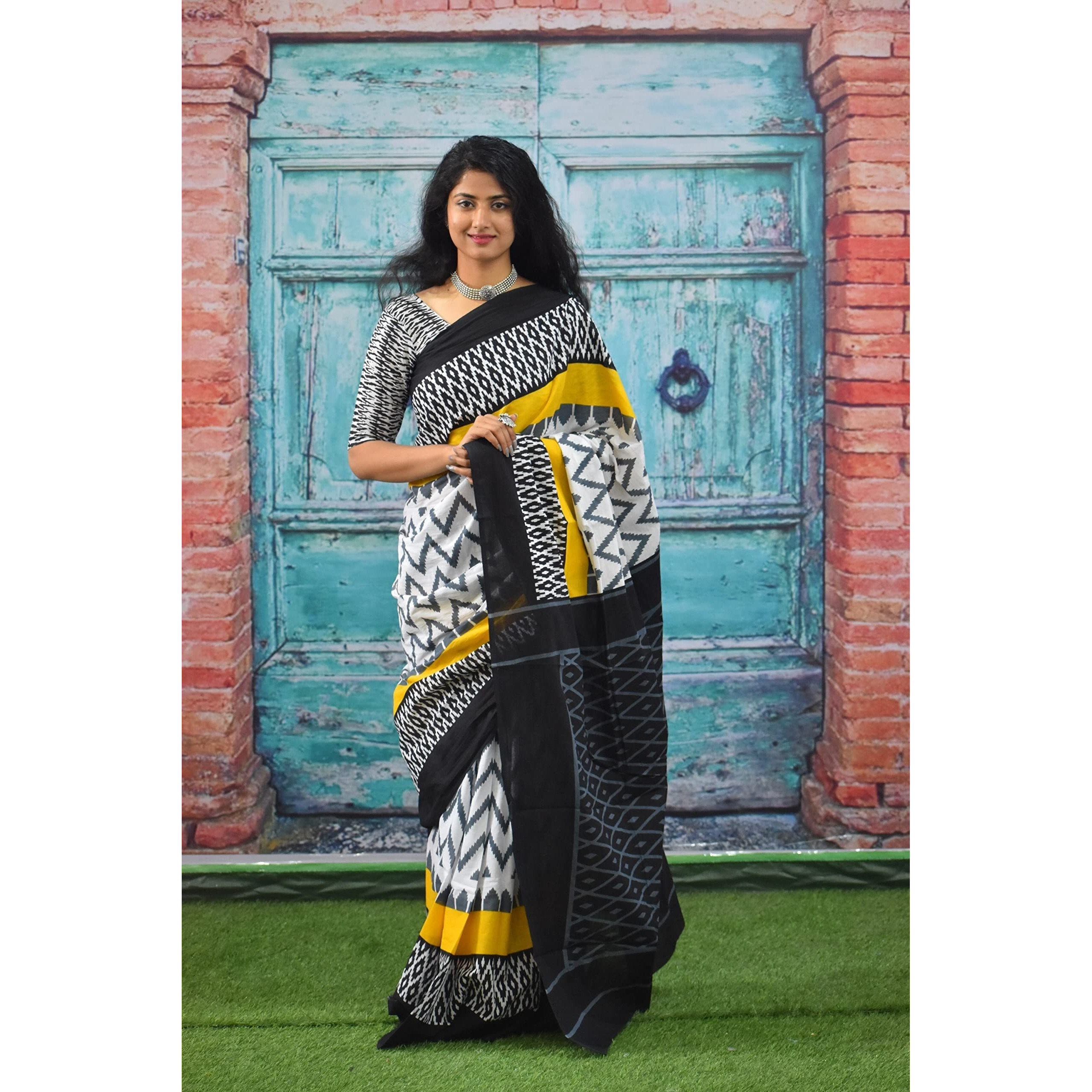 JALTHER Handicrafts Womens Ikat Hand Block Print Jaipuri Cotton Mulmul Saree with Blouse Piece - Yellow_1108