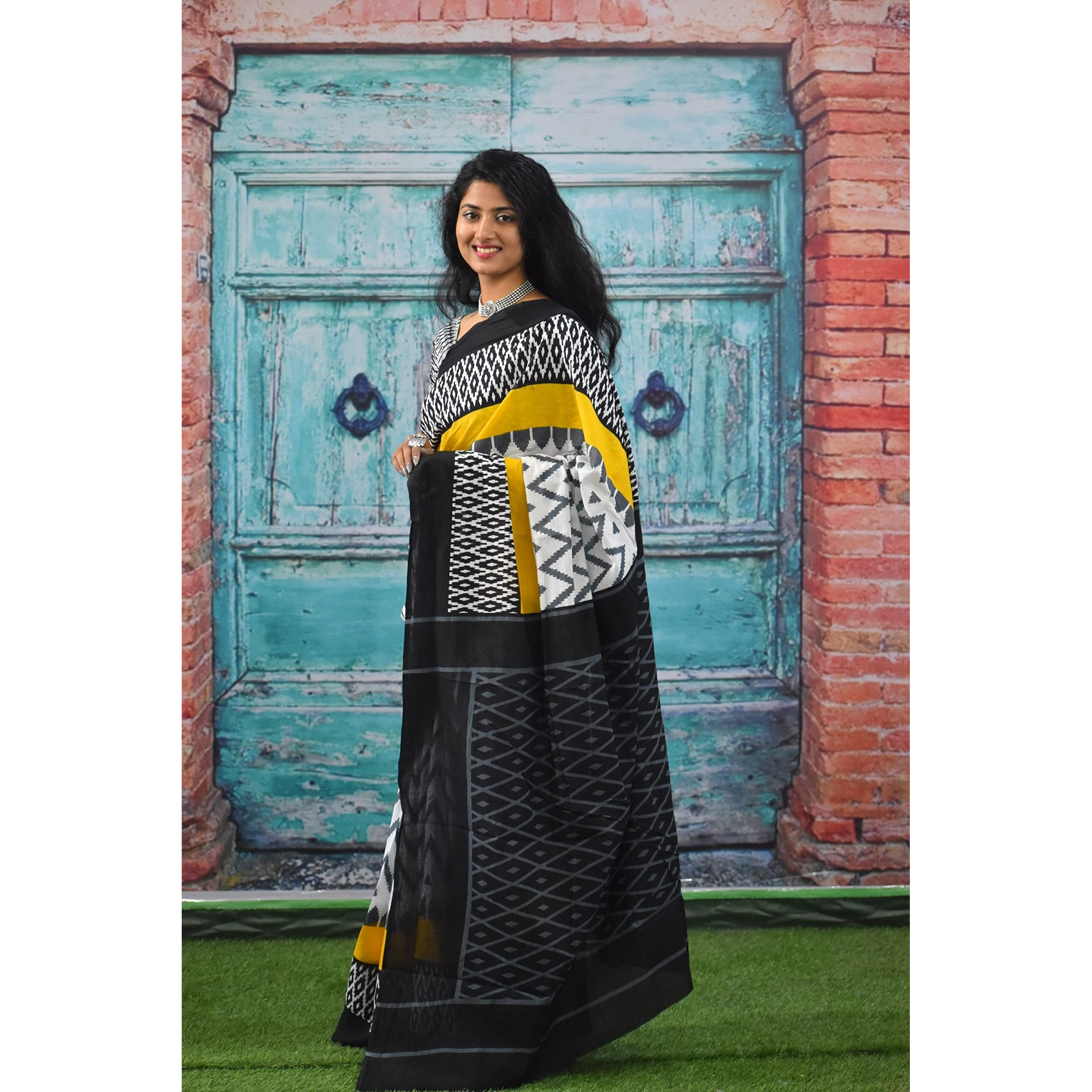 JALTHER Handicrafts Womens Ikat Hand Block Print Jaipuri Cotton Mulmul Saree with Blouse Piece - Yellow_1108