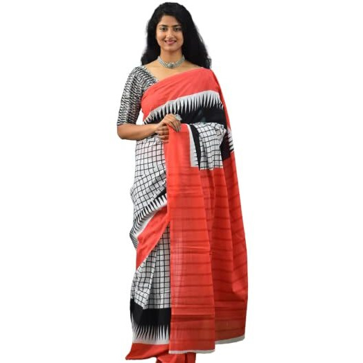 JALTHER Handicrafts Womens Ikat Hand Block Print Jaipuri Cotton Mulmul Saree with Blouse Piece - Multicolor_107