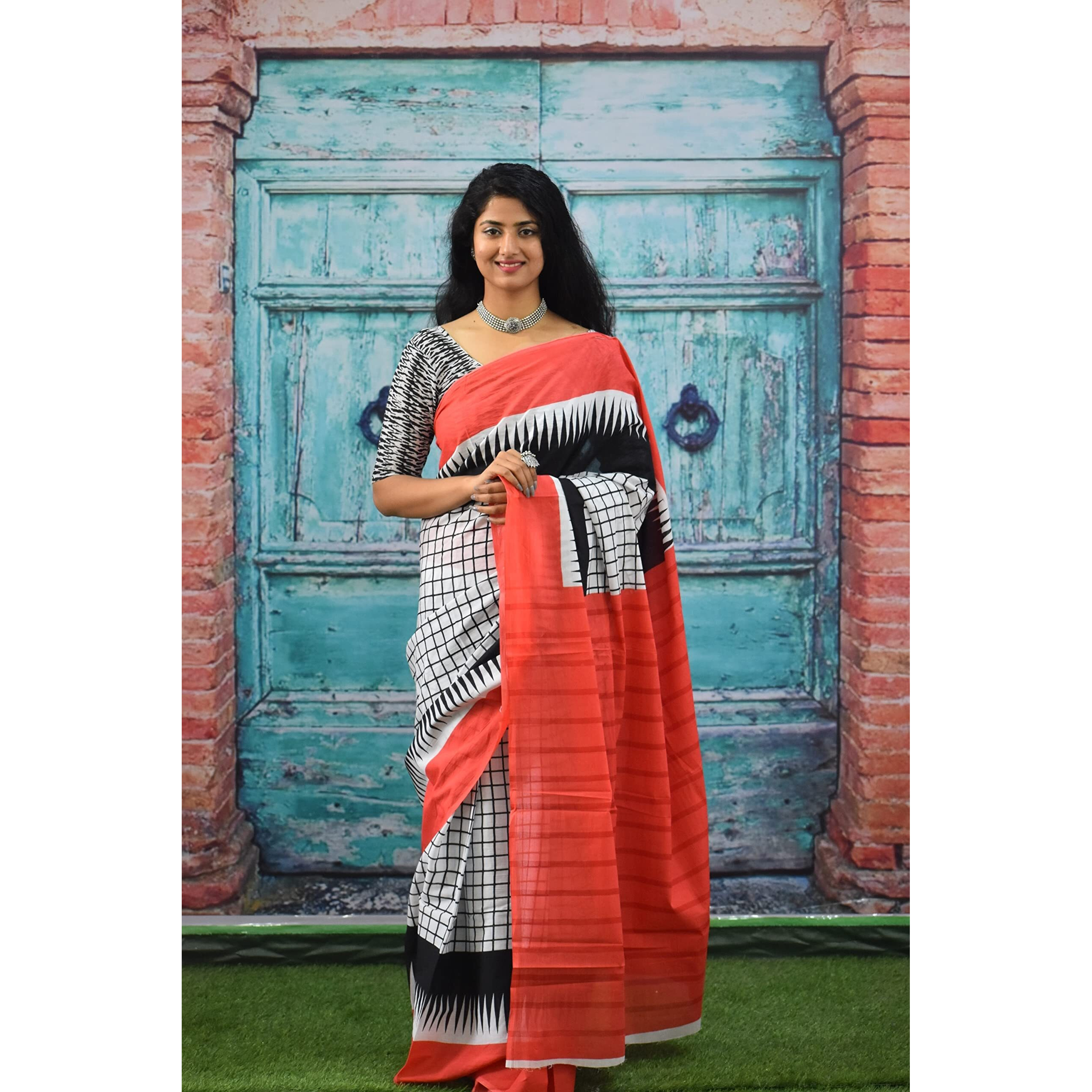 JALTHER Handicrafts Womens Ikat Hand Block Print Jaipuri Cotton Mulmul Saree with Blouse Piece - Multicolor_107