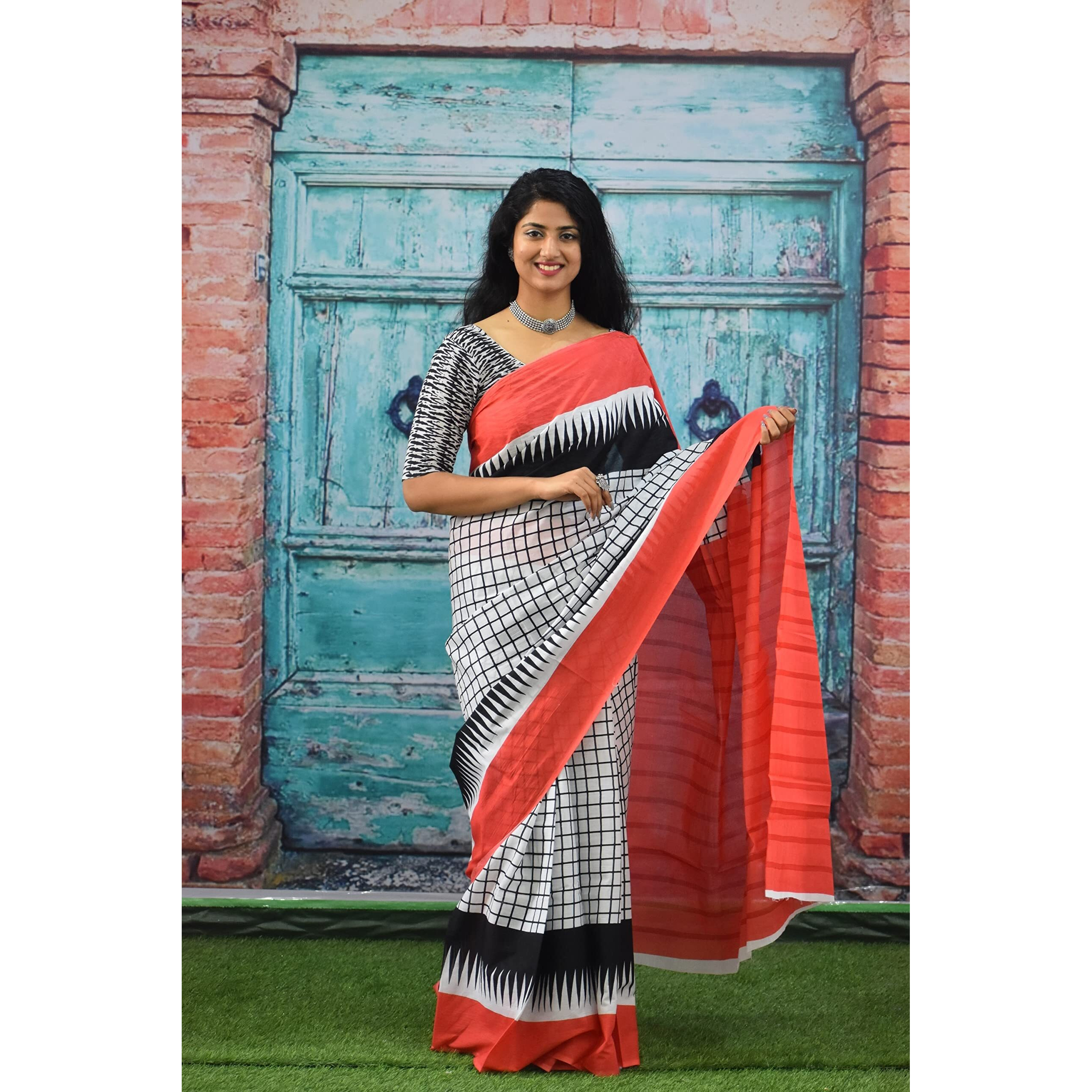 JALTHER Handicrafts Womens Ikat Hand Block Print Jaipuri Cotton Mulmul Saree with Blouse Piece - Multicolor_107