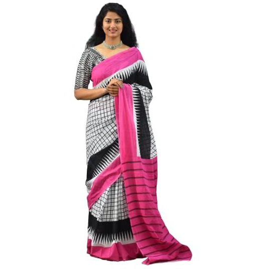 JALTHER Handicrafts Womens Ikat Hand Block Print Jaipuri Cotton Mulmul Saree with Blouse Piece - Pink_1106