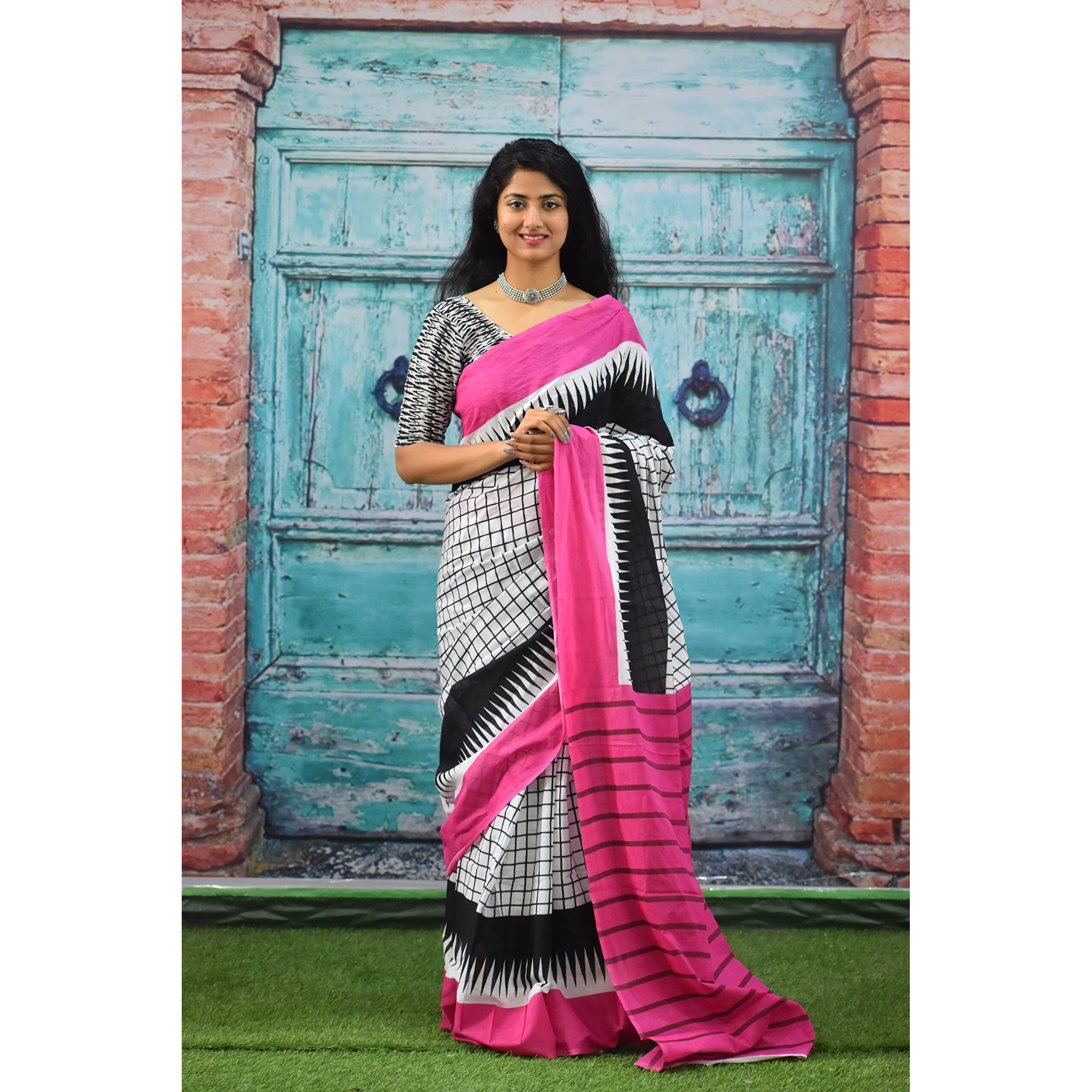 JALTHER Handicrafts Womens Ikat Hand Block Print Jaipuri Cotton Mulmul Saree with Blouse Piece - Pink_1106