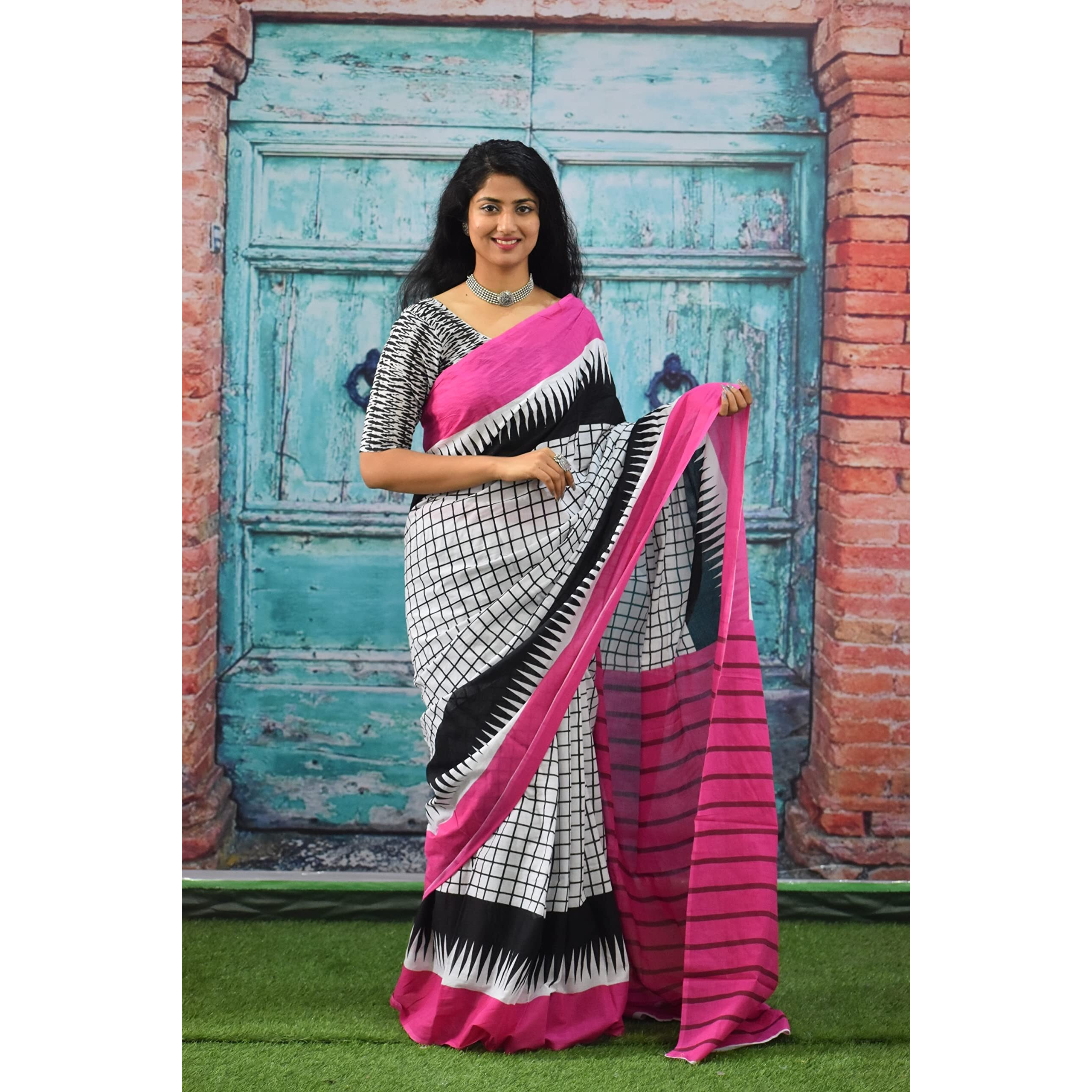 JALTHER Handicrafts Womens Ikat Hand Block Print Jaipuri Cotton Mulmul Saree with Blouse Piece - Pink_1106