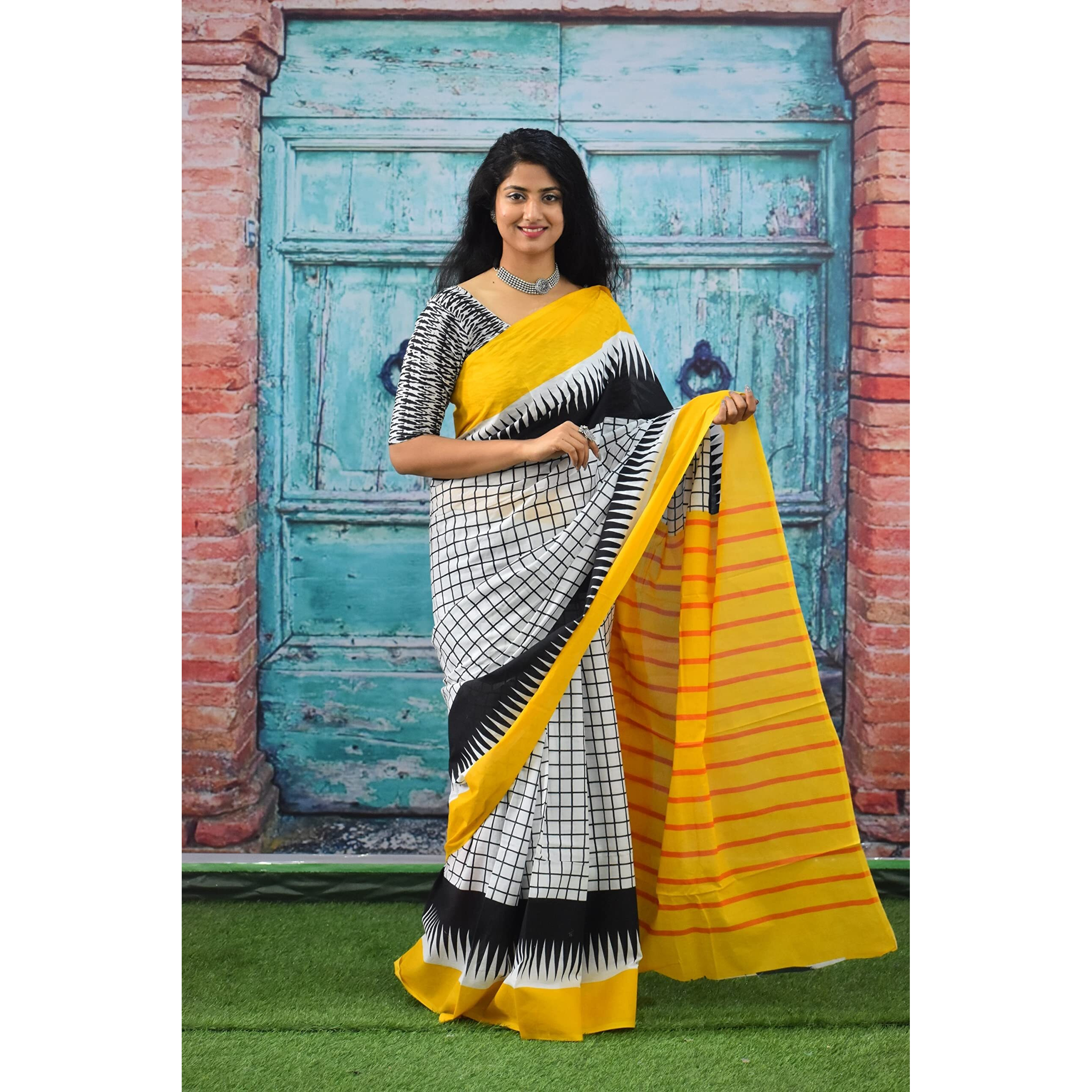 JALTHER Handicrafts Womens Ikat Hand Block Print Jaipuri Cotton Mulmul Saree with Blouse Piece - Yellow_1105