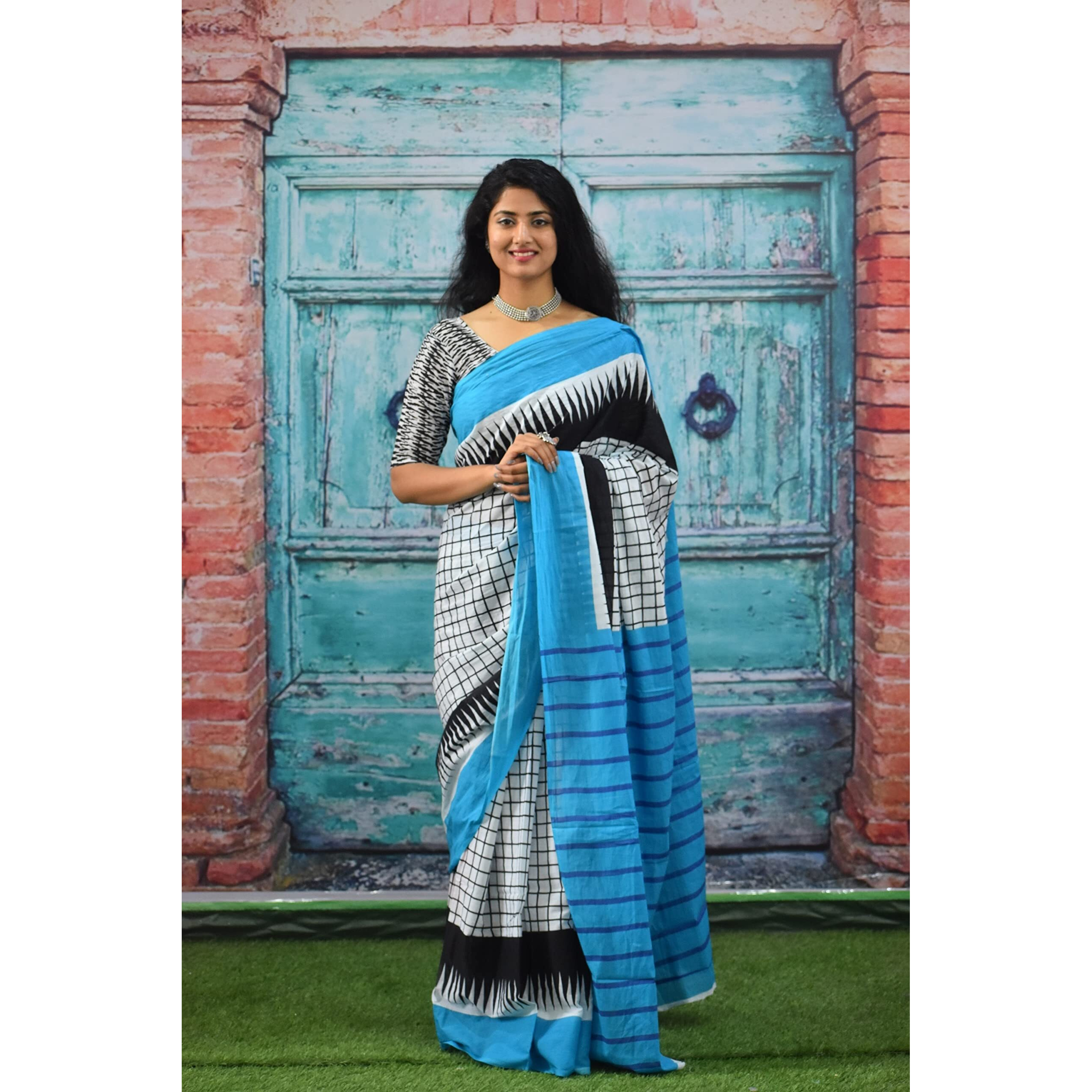 JALTHER Handicrafts Womens Ikat Hand Block Print Jaipuri Cotton Mulmul Saree with Blouse Piece - White_1104