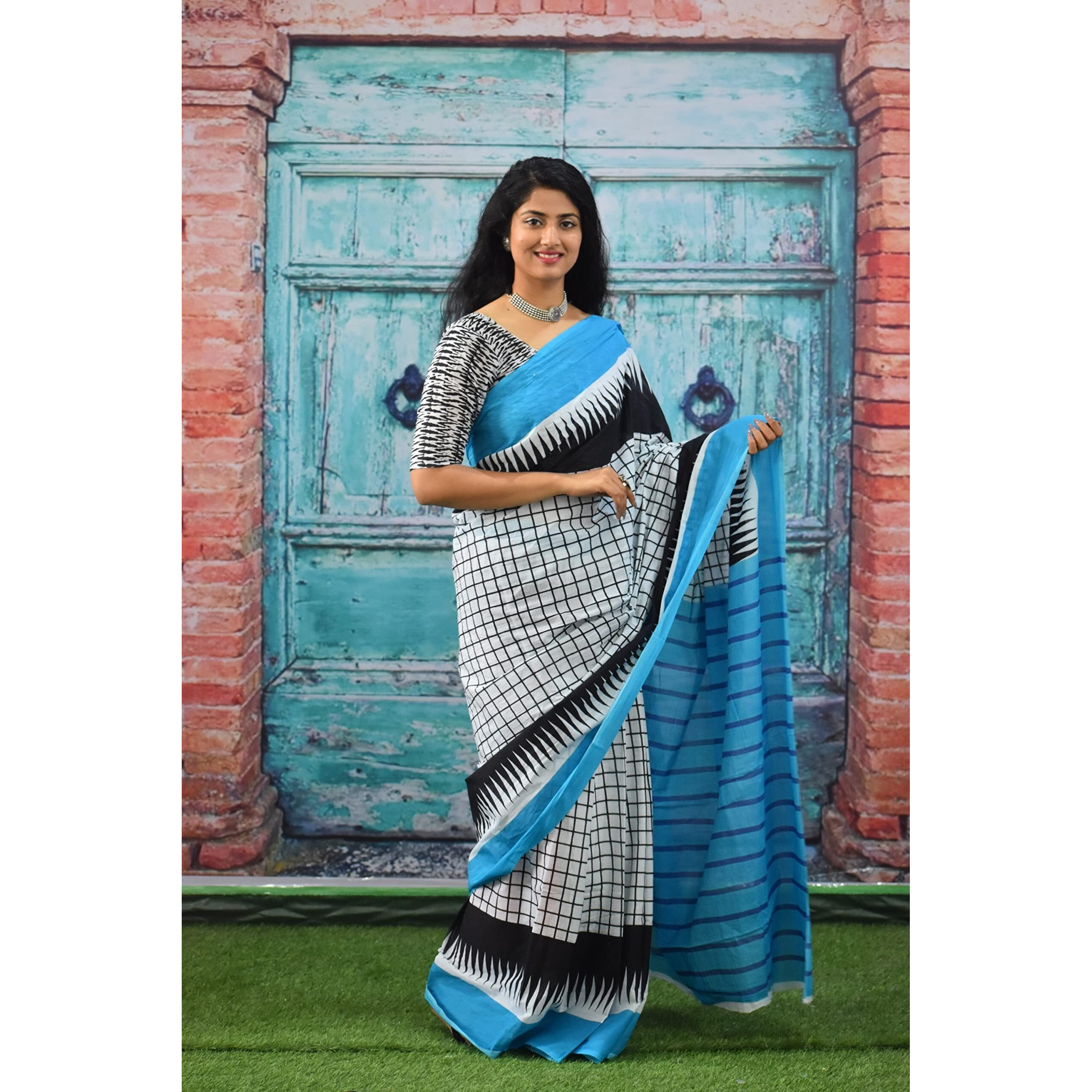 JALTHER Handicrafts Womens Ikat Hand Block Print Jaipuri Cotton Mulmul Saree with Blouse Piece - White_1104