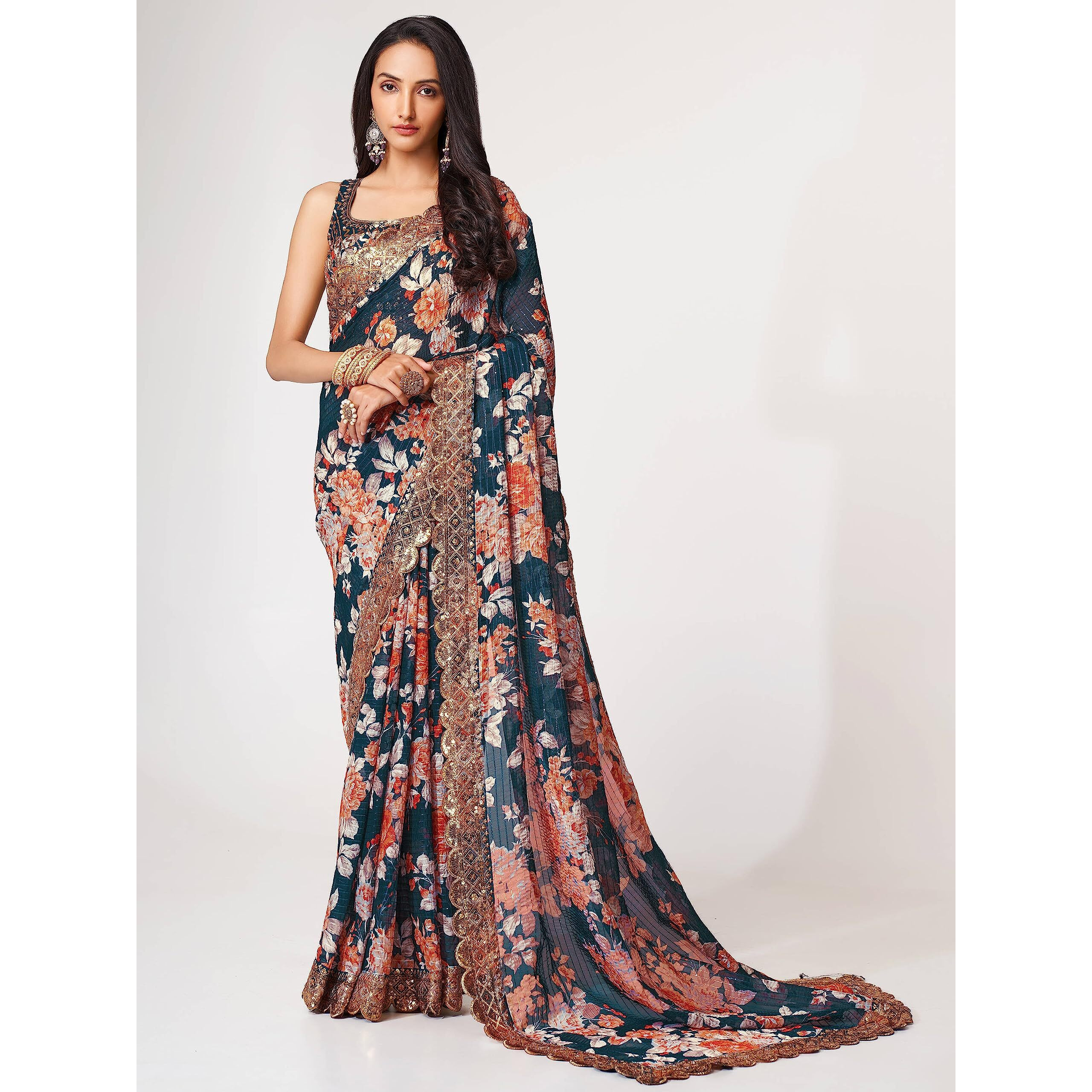Zeel Clothing Womens Floral Organza Heavy Sequins Saree with Blouse (1104-DoveBlue-Floral-Party-Wedding-Saree, Free Size) (Navy Blue)
