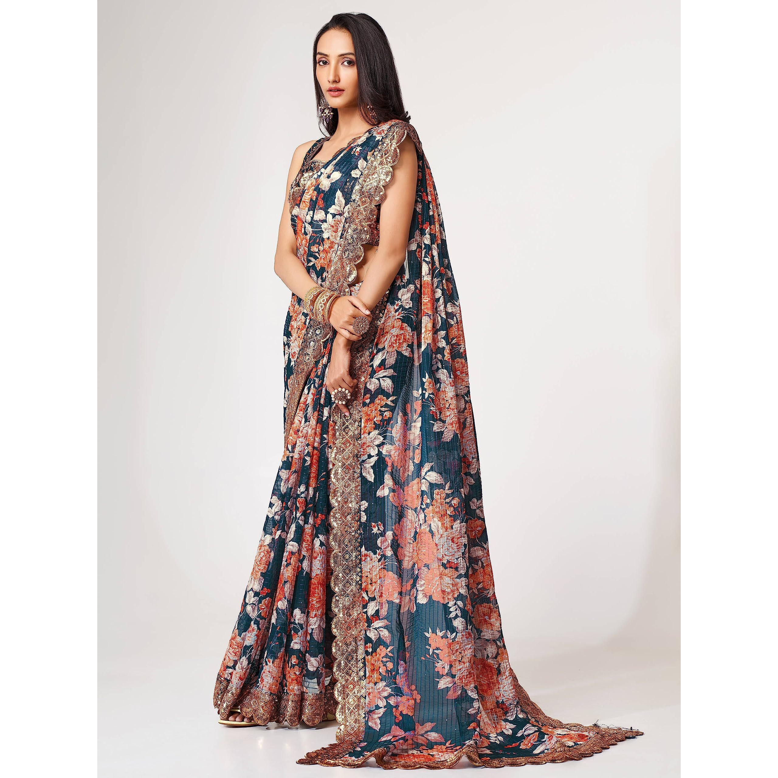 Zeel Clothing Womens Floral Organza Heavy Sequins Saree with Blouse (1104-DoveBlue-Floral-Party-Wedding-Saree, Free Size) (Navy Blue)