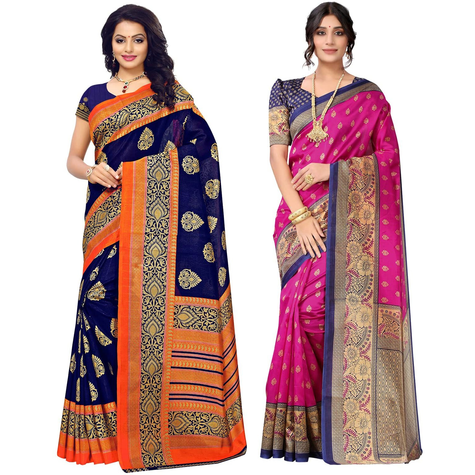 SIRIL WomenS Poly Silk Saree Combo Pack Of 2 With Unstitched Blouse Piece (815S199_2431S855_Navy Blue || Rani Pink)