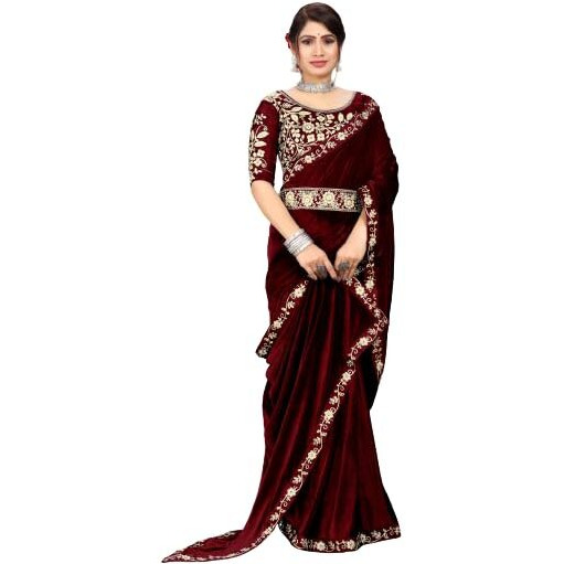 Dream Crushers Womens Pure velvet Saree With Embroidery Sequien Cording Lace Border Saree With Unstiched Blouse Piece (Maroon)