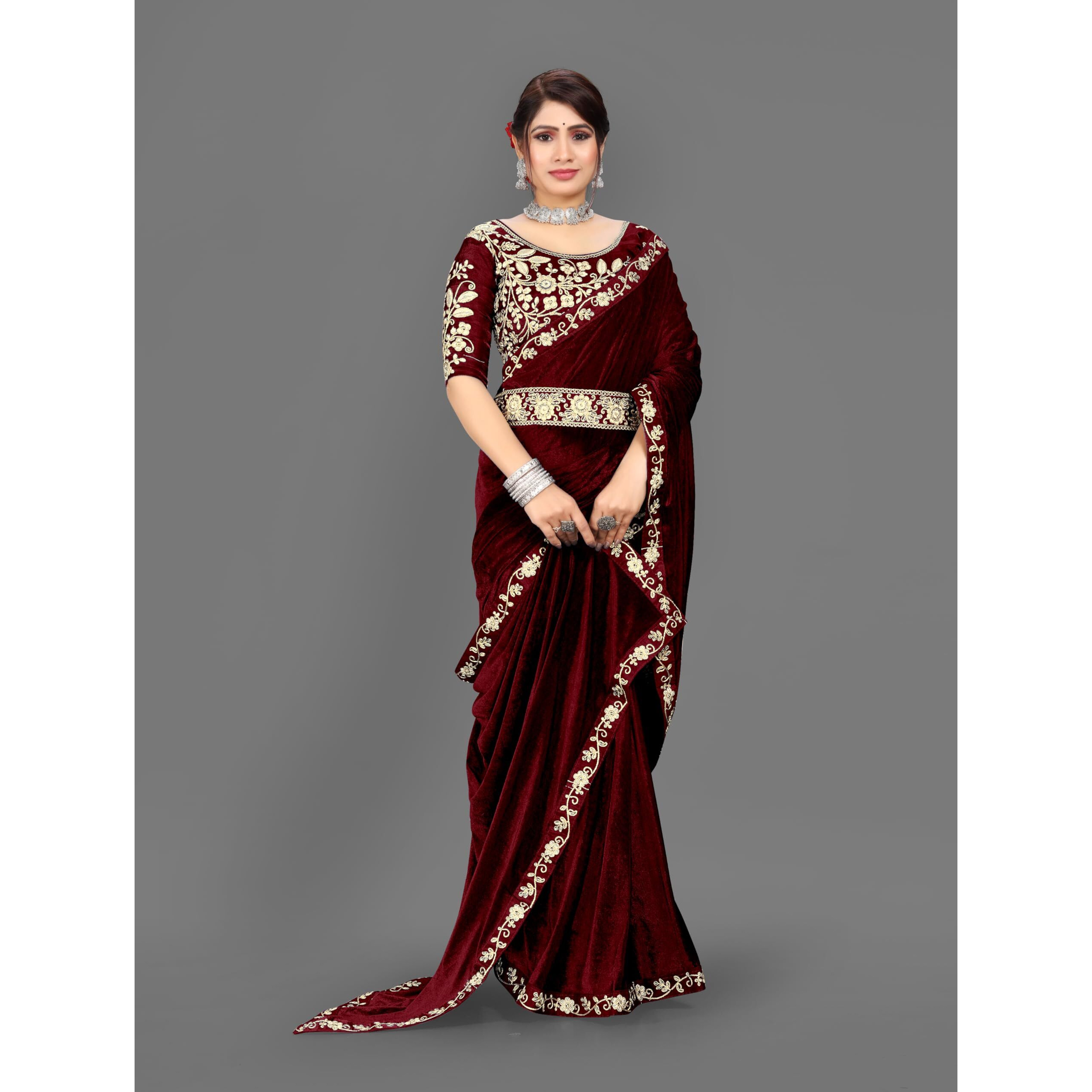 Dream Crushers Womens Pure velvet Saree With Embroidery Sequien Cording Lace Border Saree With Unstiched Blouse Piece (Maroon)