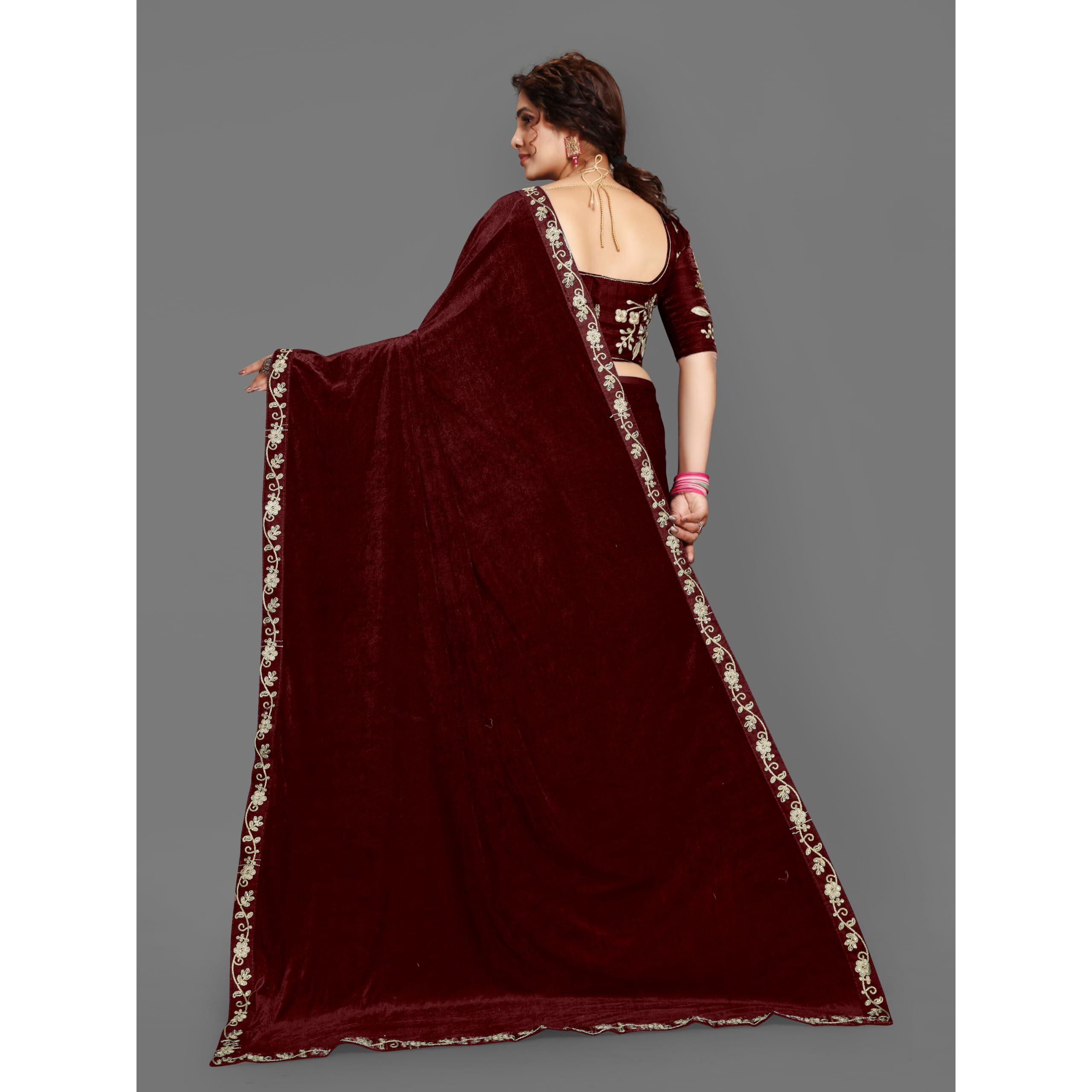 Dream Crushers Womens Pure velvet Saree With Embroidery Sequien Cording Lace Border Saree With Unstiched Blouse Piece (Maroon)