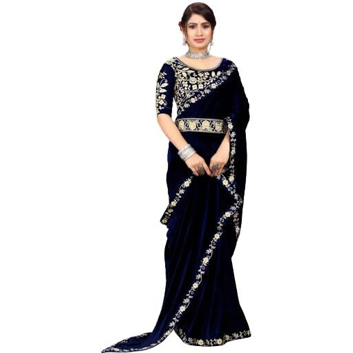 Dream Crushers Womens Pure velvet Saree With Embroidery Sequien Cording Lace Border Saree With Unstiched Blouse Piece (Navy Blue)