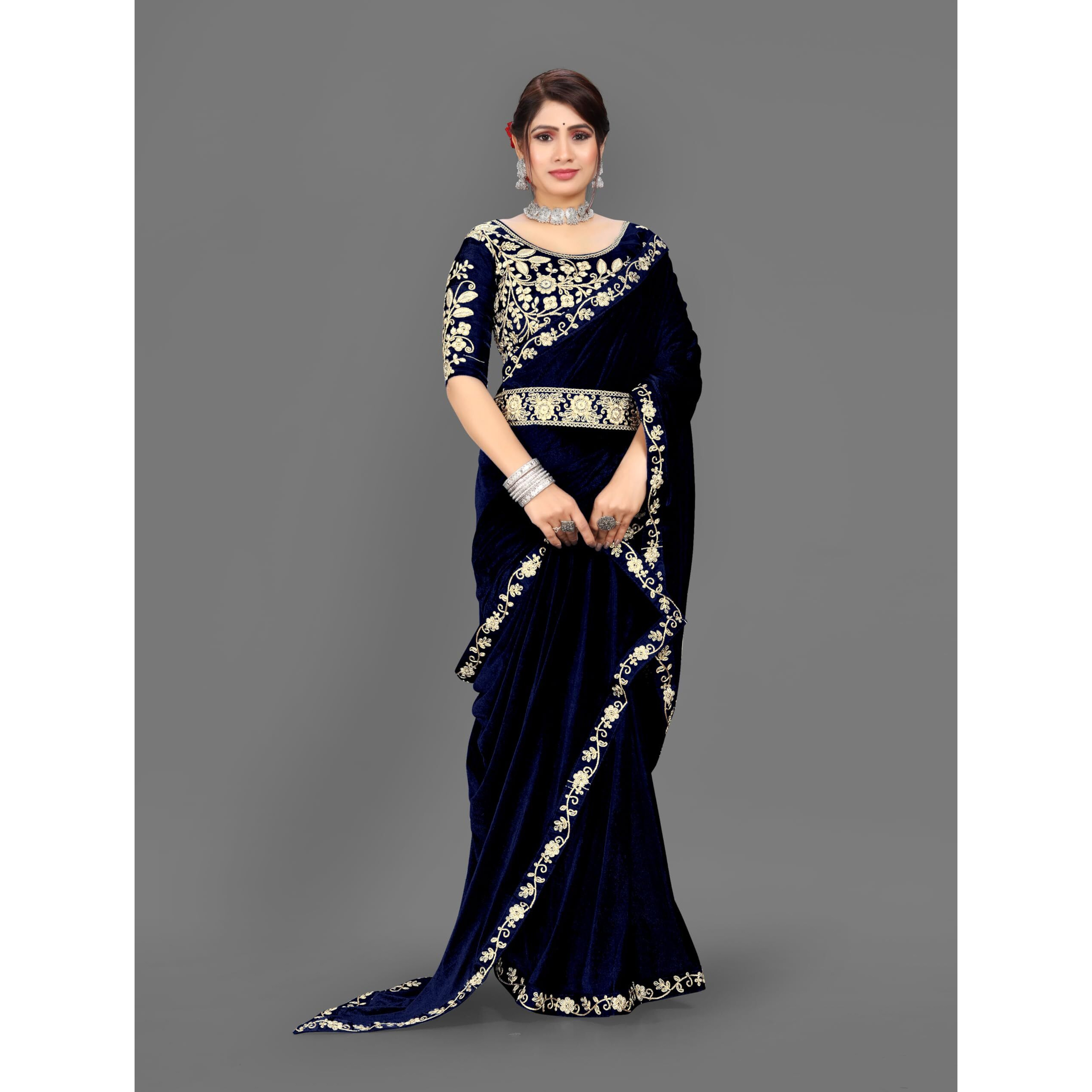 Dream Crushers Womens Pure velvet Saree With Embroidery Sequien Cording Lace Border Saree With Unstiched Blouse Piece (Navy Blue)