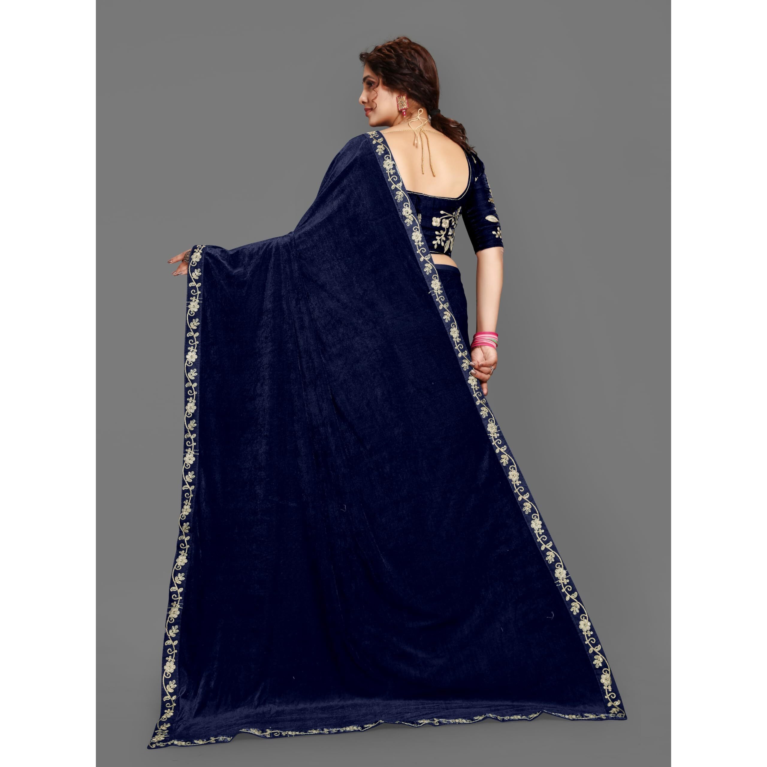 Dream Crushers Womens Pure velvet Saree With Embroidery Sequien Cording Lace Border Saree With Unstiched Blouse Piece (Navy Blue)