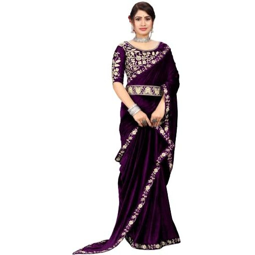 Dream Crushers Womens Pure velvet Saree With Embroidery Sequien Cording Lace Border Saree With Unstiched Blouse Piece (Wine)