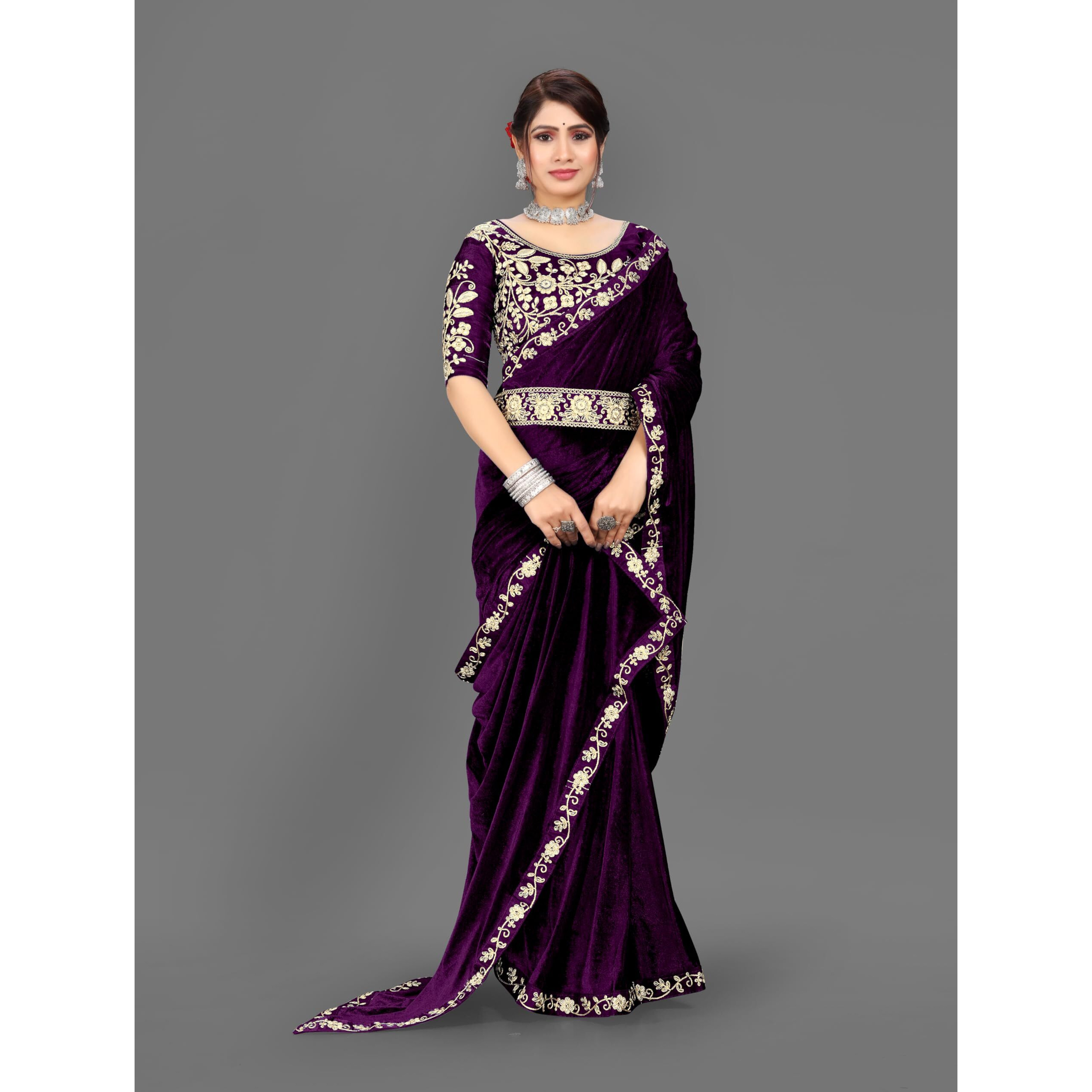 Dream Crushers Womens Pure velvet Saree With Embroidery Sequien Cording Lace Border Saree With Unstiched Blouse Piece (Wine)