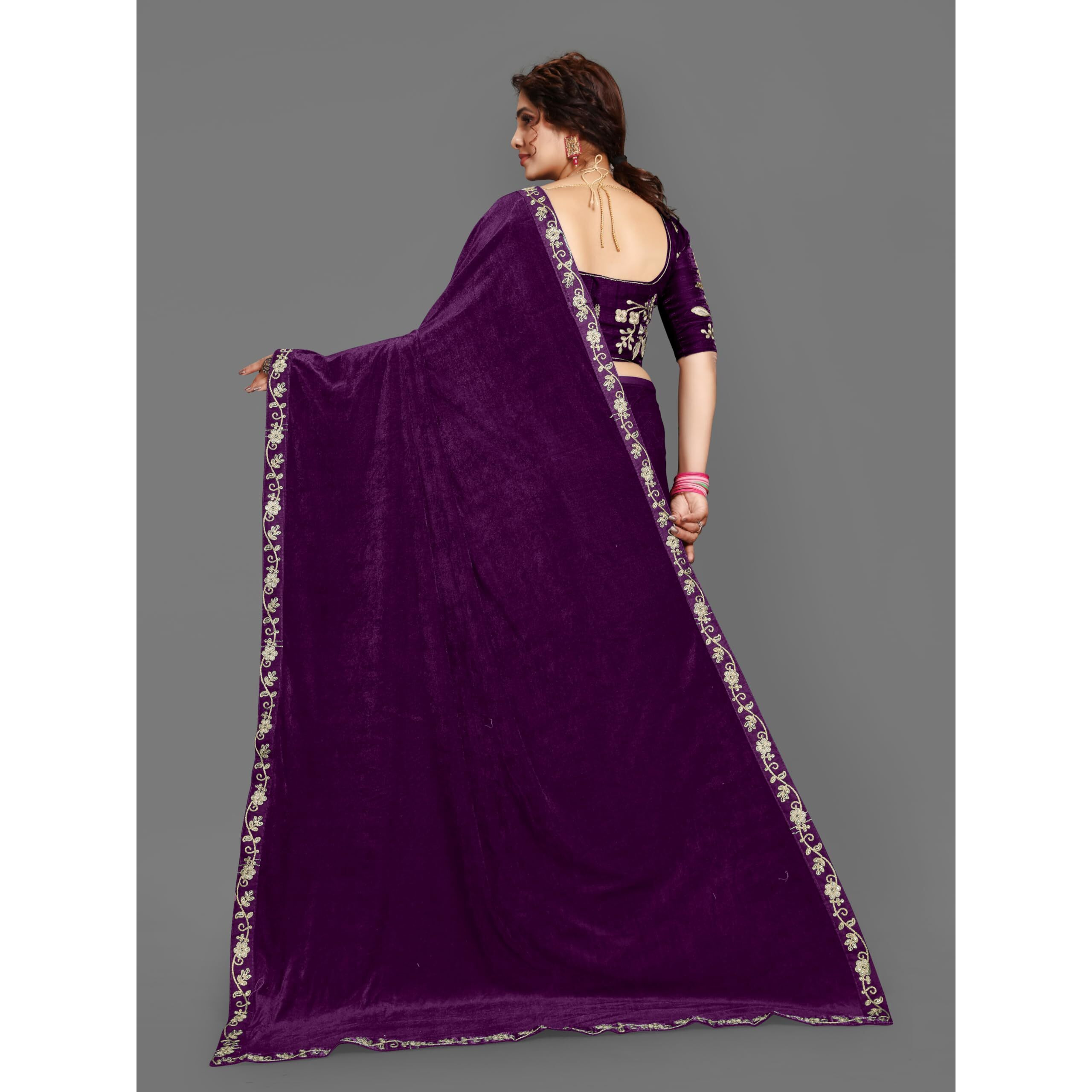 Dream Crushers Womens Pure velvet Saree With Embroidery Sequien Cording Lace Border Saree With Unstiched Blouse Piece (Wine)
