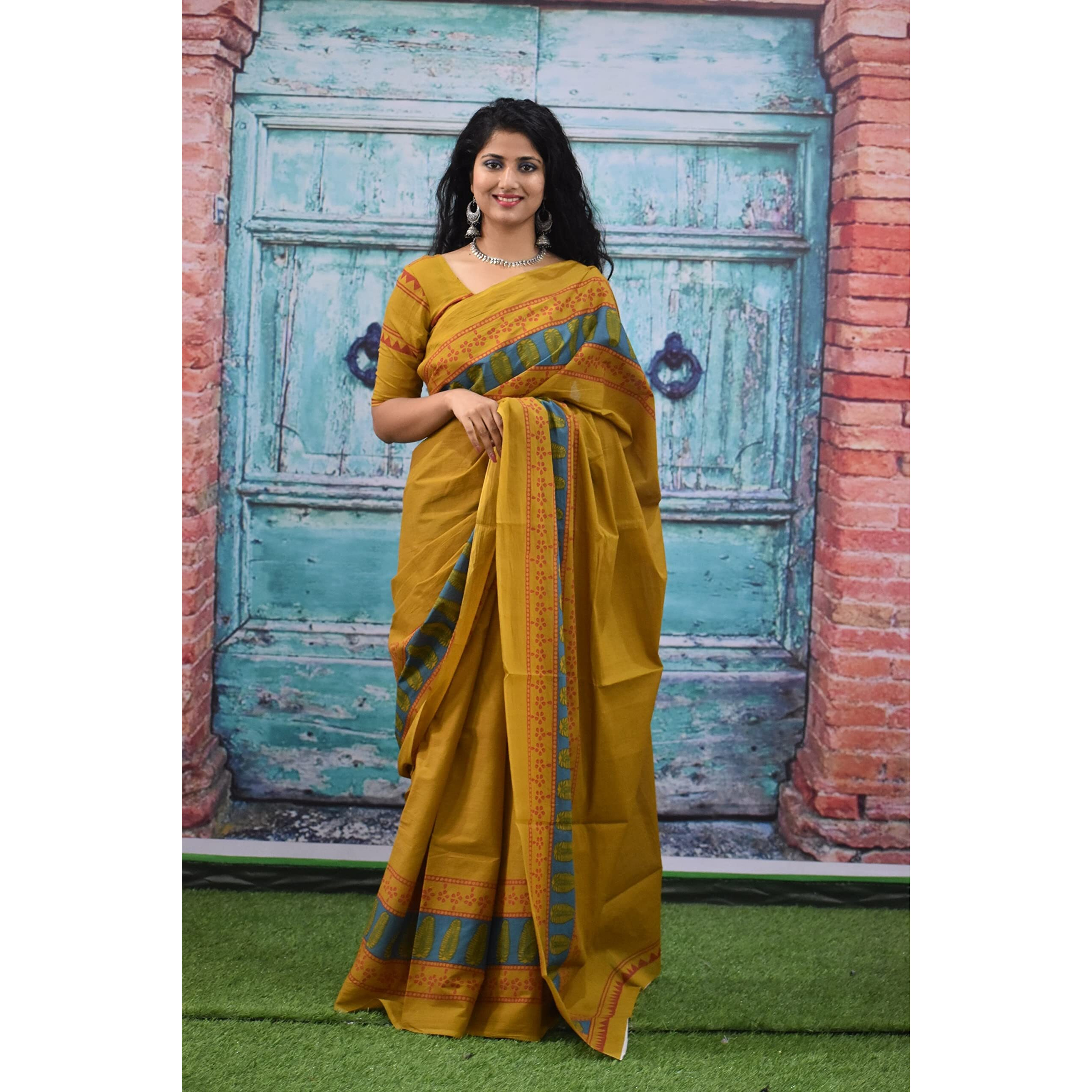 JALTHER Handicrafts Womens Ikat Hand Block Print Jaipuri Cotton Mulmul Saree with Blouse Piece - Mustard_241