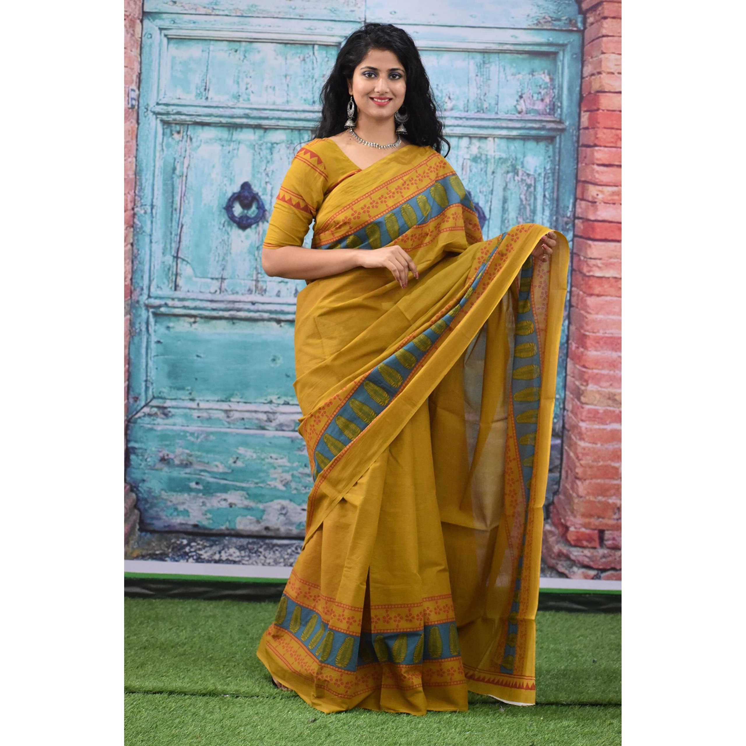 JALTHER Handicrafts Womens Ikat Hand Block Print Jaipuri Cotton Mulmul Saree with Blouse Piece - Mustard_241