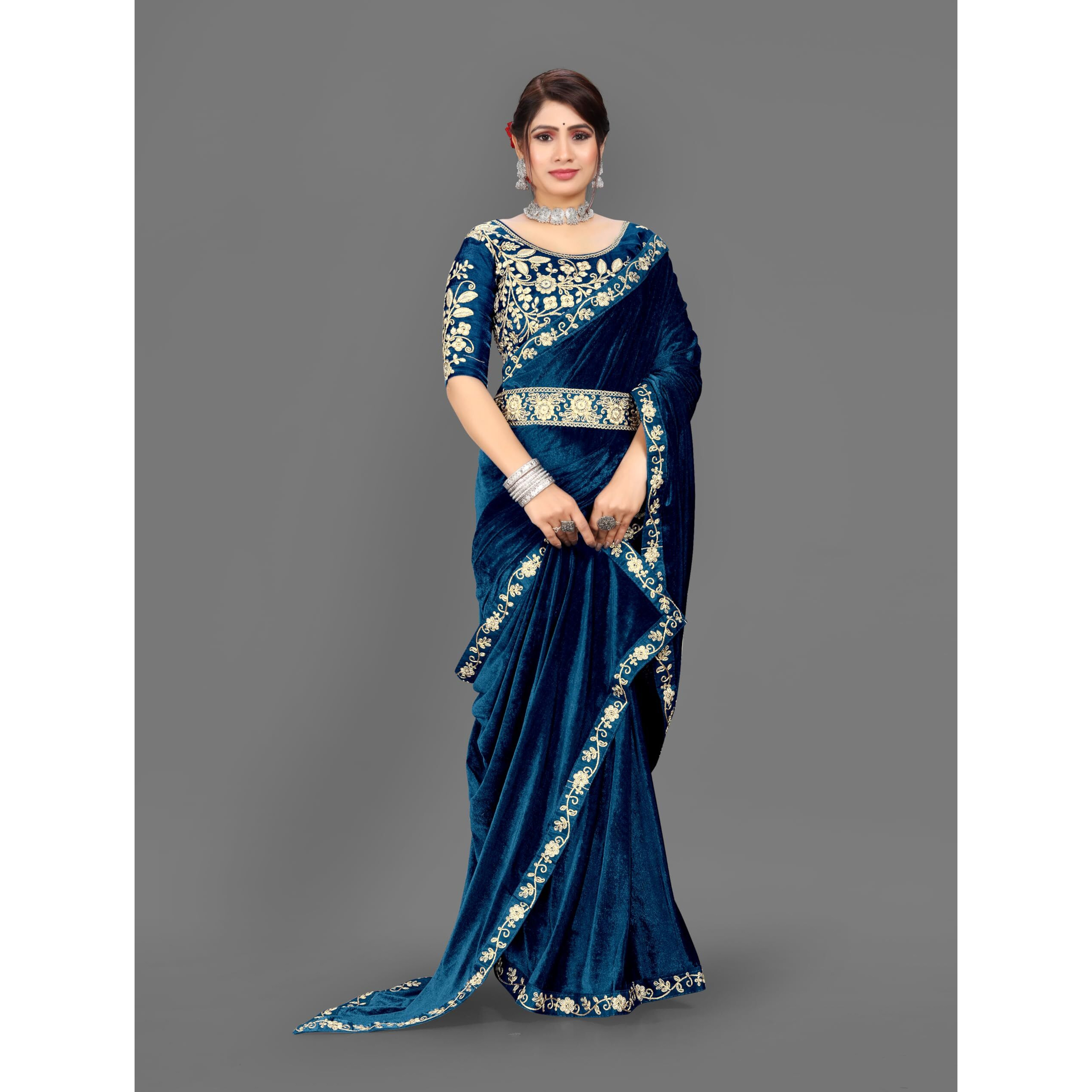 Dream Crushers Womens Pure velvet Saree With Embroidery Sequien Cording Lace Border Saree With Unstiched Blouse Piece (Peacock)