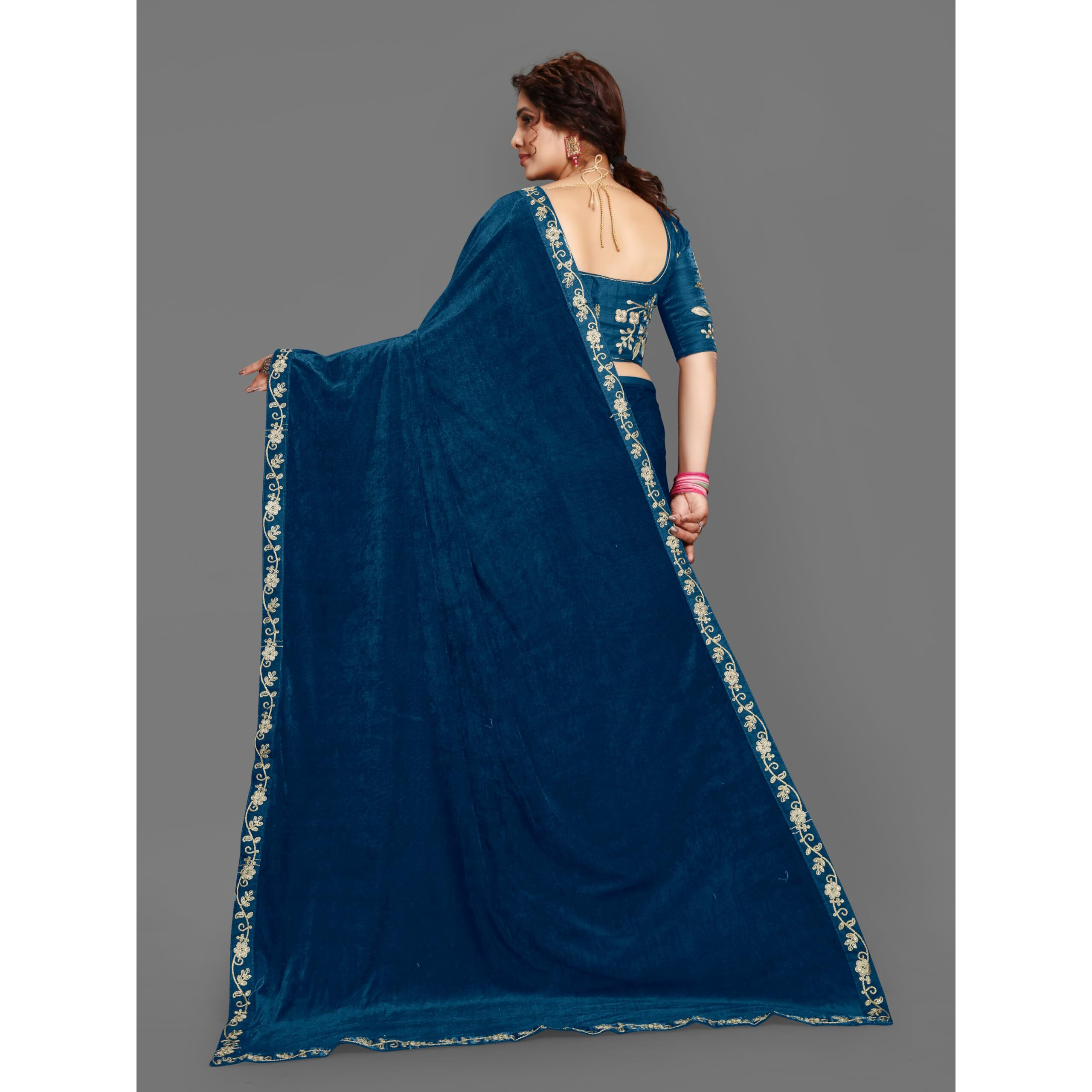 Dream Crushers Womens Pure velvet Saree With Embroidery Sequien Cording Lace Border Saree With Unstiched Blouse Piece (Peacock)