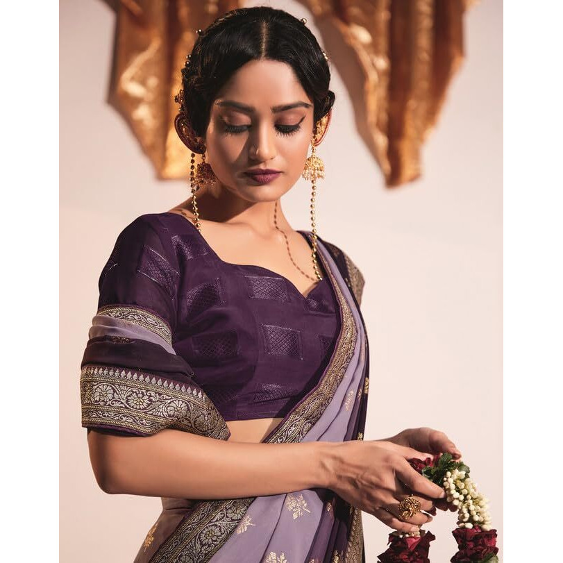 Satrani Womens Georgette Lace & Foil Printed Saree with Unstitched Blouse Piece (2826S478NA_Wine & Light Purple5)