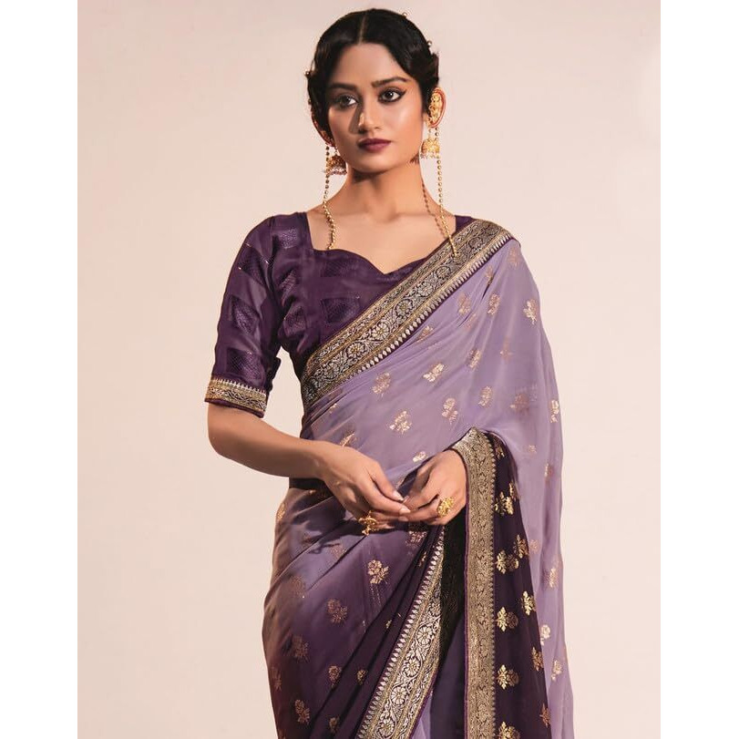 Satrani Womens Georgette Lace & Foil Printed Saree with Unstitched Blouse Piece (2826S478NA_Wine & Light Purple5)