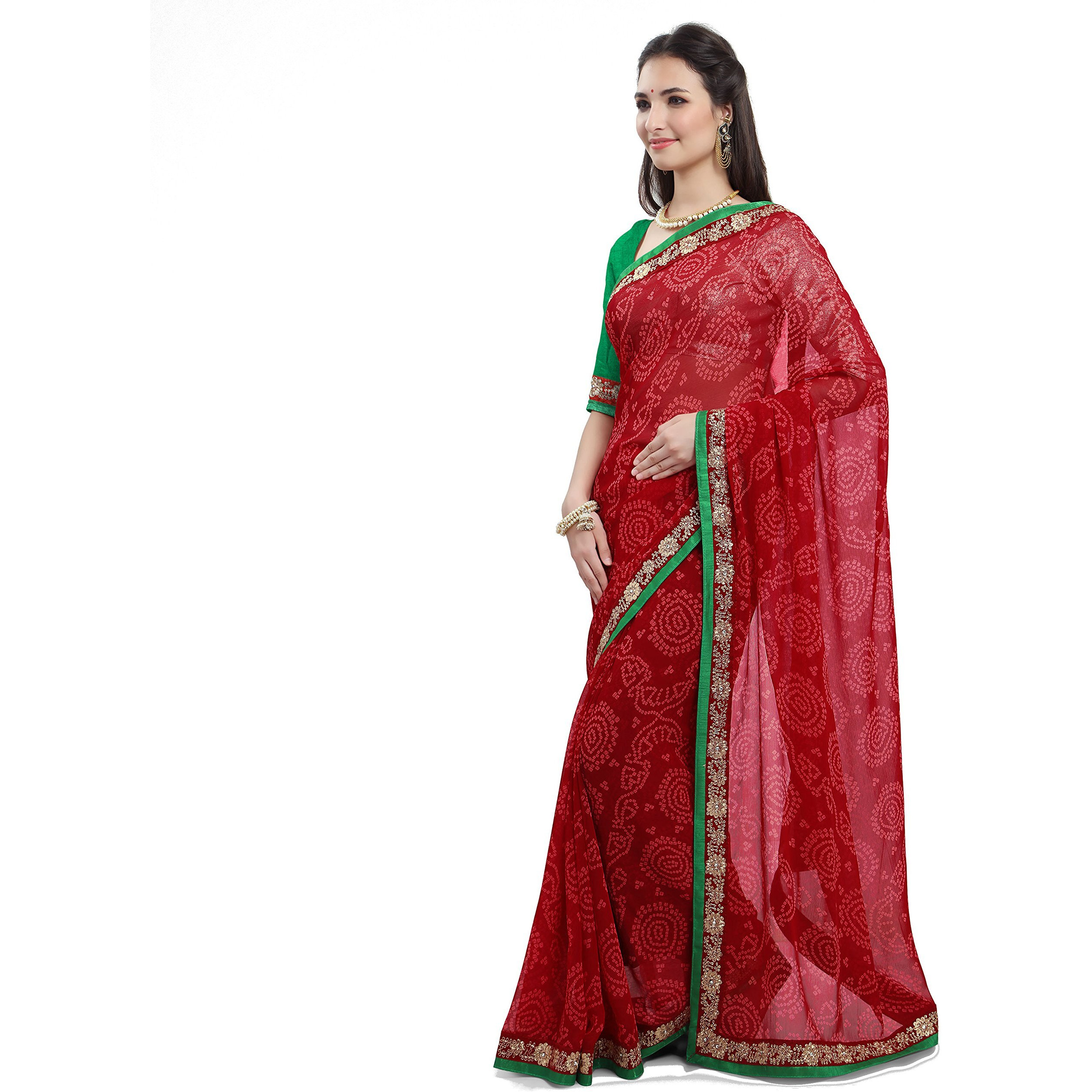 Amazon Brand - Anarva Womens Red Chiffon Bandhani Printed Saree With Lace And Blouse Piece