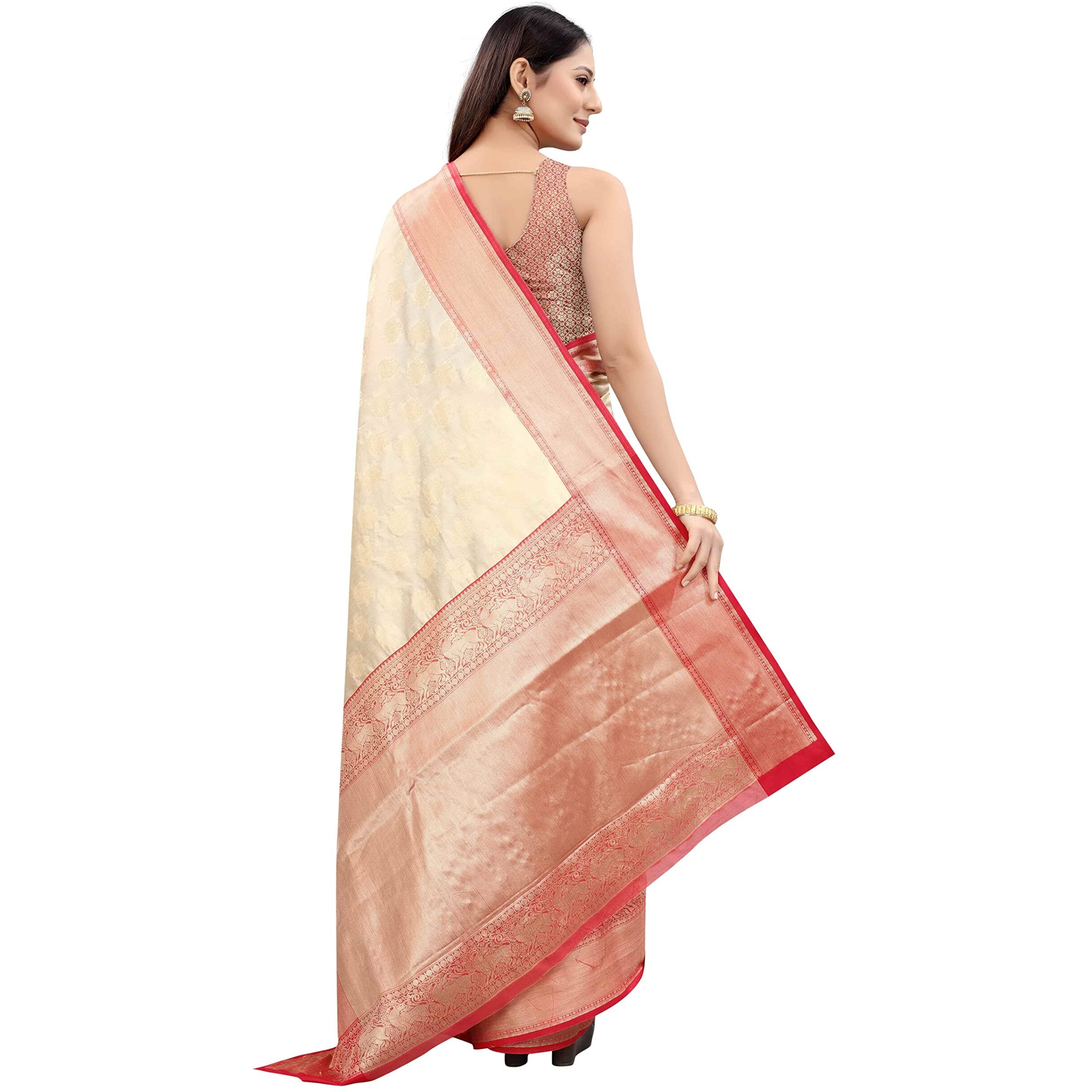 Enthone Womens Heavy Banarasi Art Silk Saree With Unstitched Blouse Piece(White)