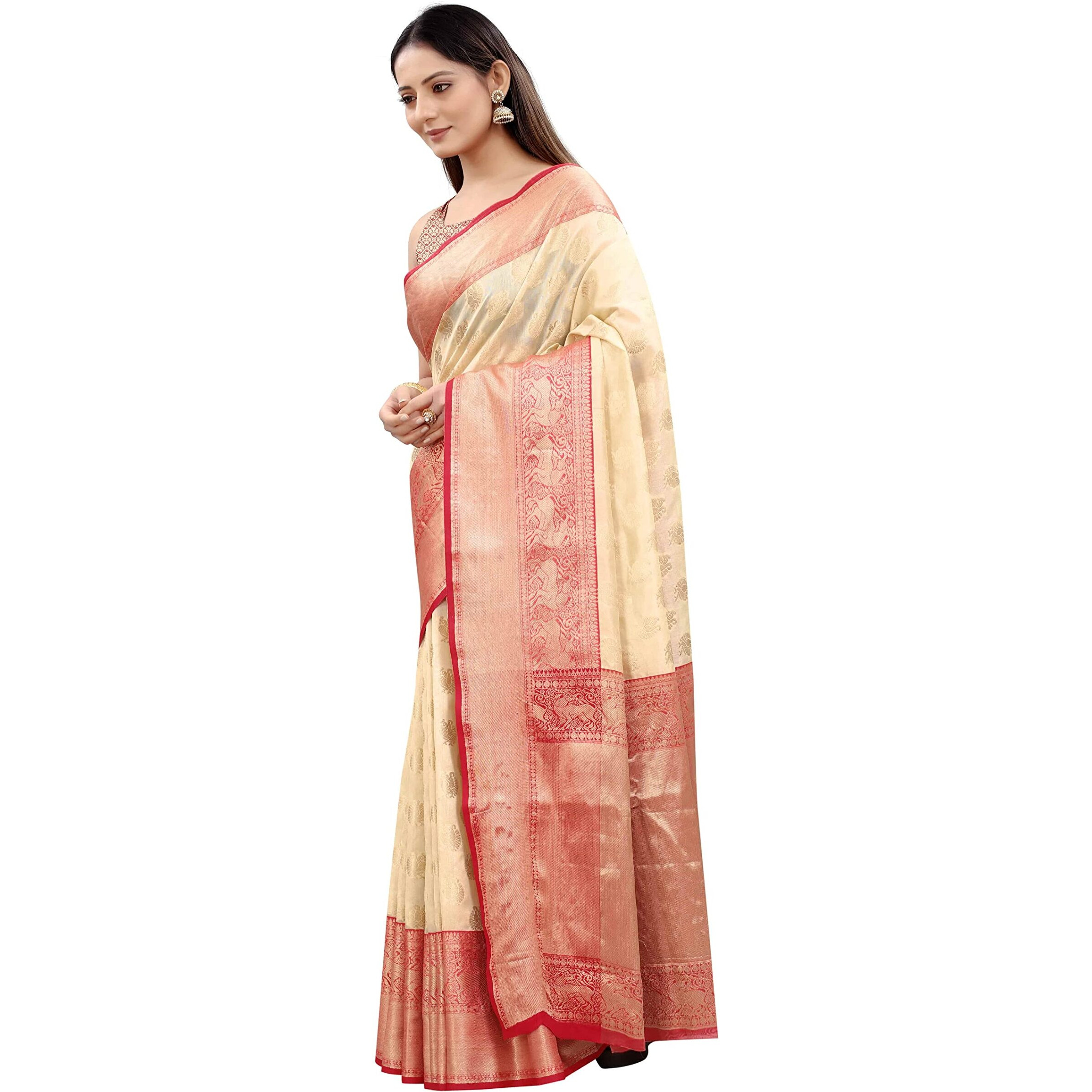 Enthone Womens Heavy Banarasi Art Silk Saree With Unstitched Blouse Piece(White)