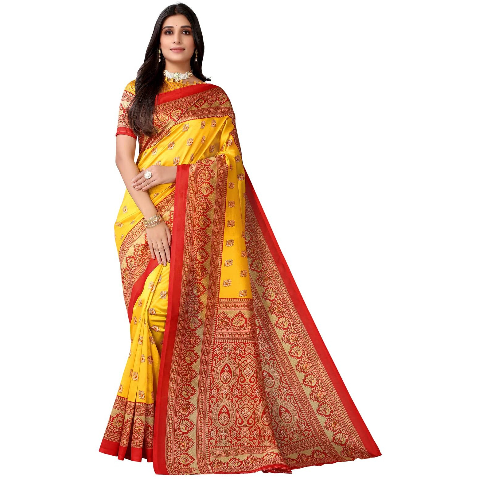 Satrani Womens Knit Silk Blend Saree (2329S781N_2475S105N_White || Yellow)