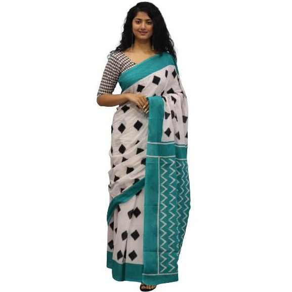 JALTHER Handicrafts Womens Ikat Hand Block Print Jaipuri Cotton Mulmul Saree with Blouse Piece - White_128