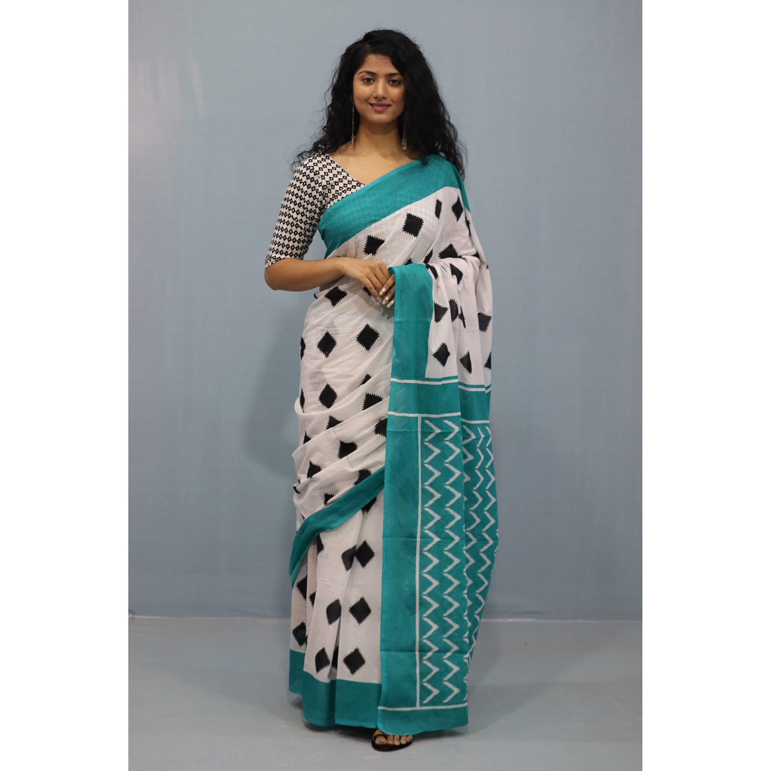 JALTHER Handicrafts Womens Ikat Hand Block Print Jaipuri Cotton Mulmul Saree with Blouse Piece - White_128