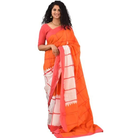 JALTHER Handicrafts Womens Ikat Hand Block Print Jaipuri Cotton Mulmul Saree with Blouse Piece - Black_127