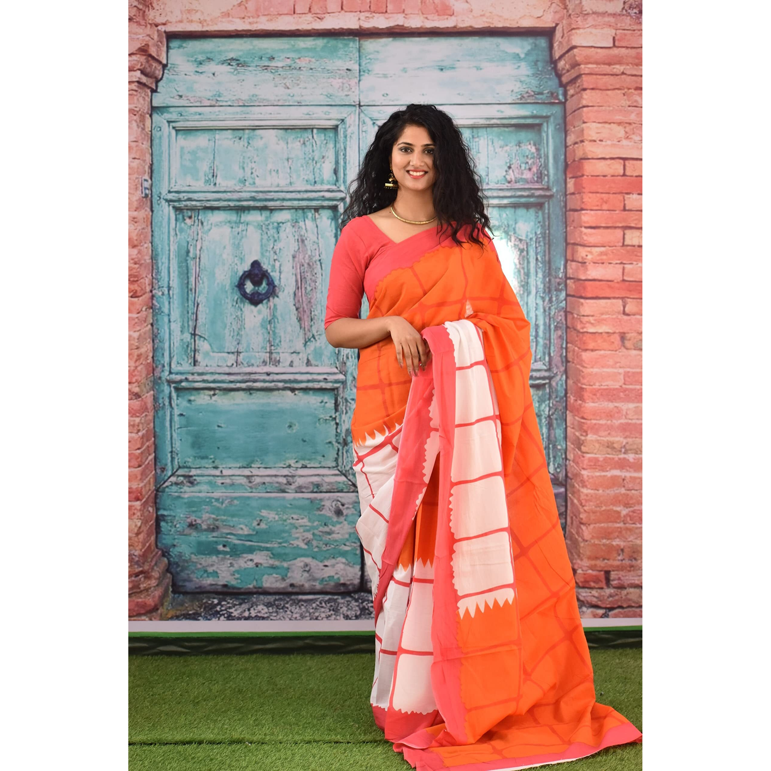 JALTHER Handicrafts Womens Ikat Hand Block Print Jaipuri Cotton Mulmul Saree with Blouse Piece - Black_127