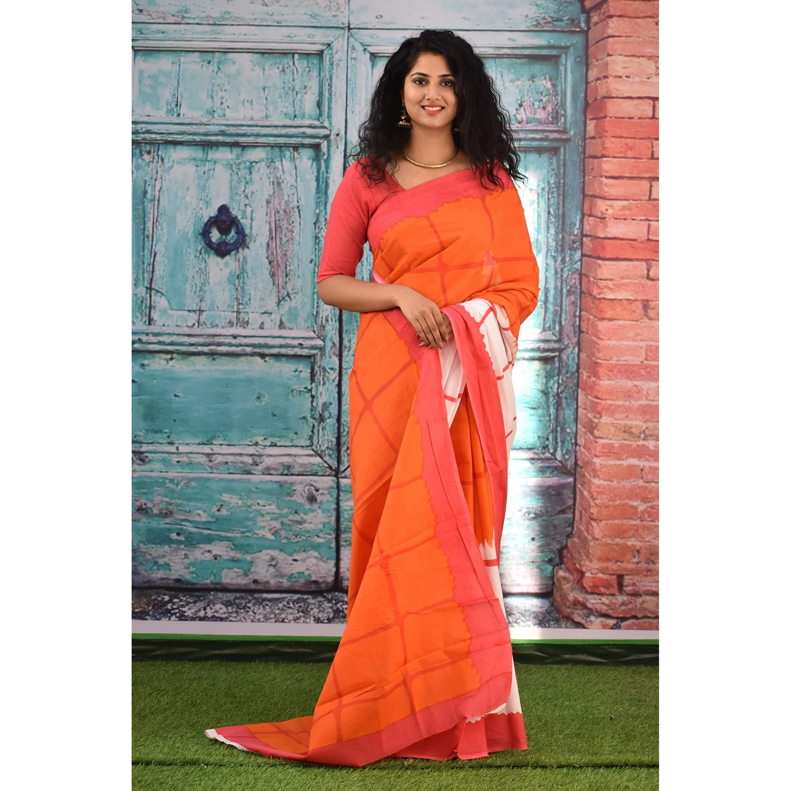 JALTHER Handicrafts Womens Ikat Hand Block Print Jaipuri Cotton Mulmul Saree with Blouse Piece - Black_127