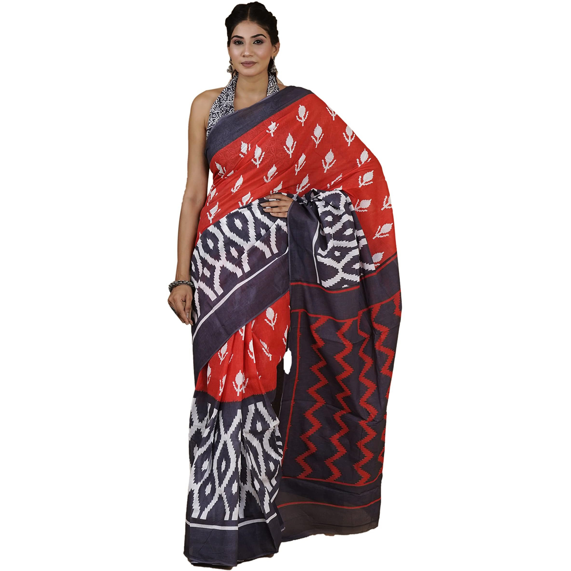 JALTHER Womens Ikat Hand Block Print Jaipuri Cotton Mulmul Saree with Blouse Piece -Blue_Shiv_2026