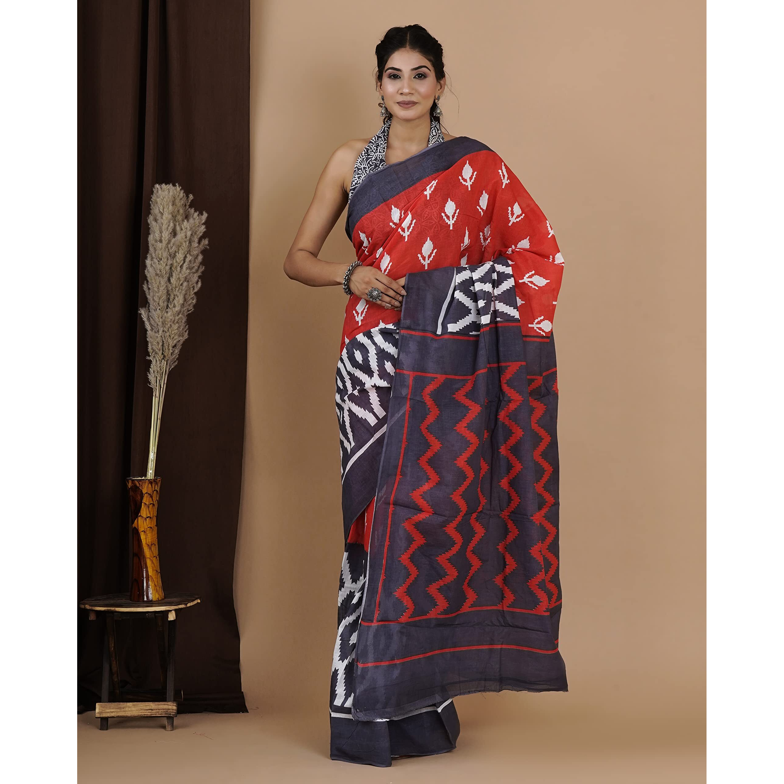 JALTHER Womens Ikat Hand Block Print Jaipuri Cotton Mulmul Saree with Blouse Piece -Blue_Shiv_2026