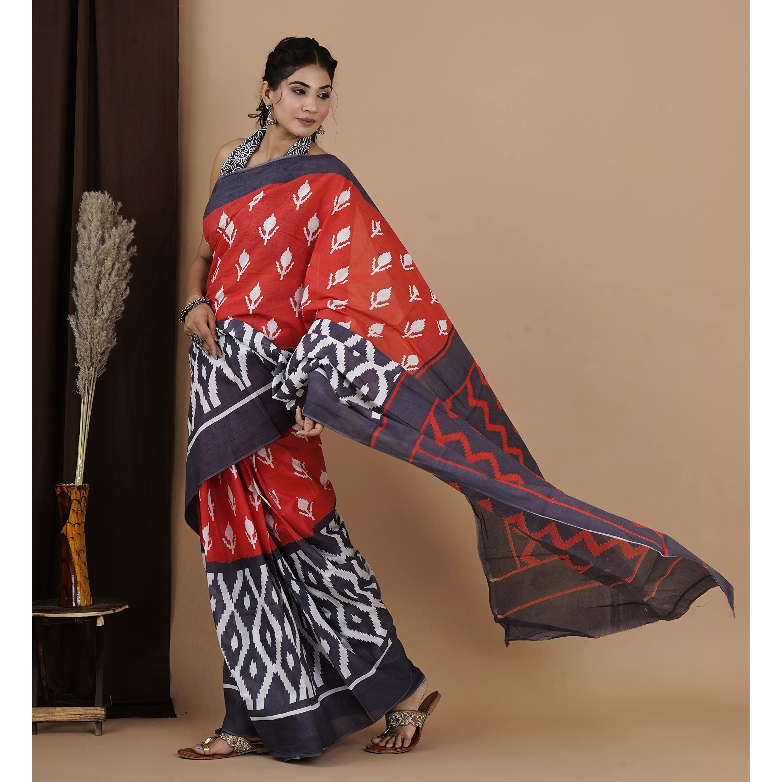 JALTHER Womens Ikat Hand Block Print Jaipuri Cotton Mulmul Saree with Blouse Piece -Blue_Shiv_2026
